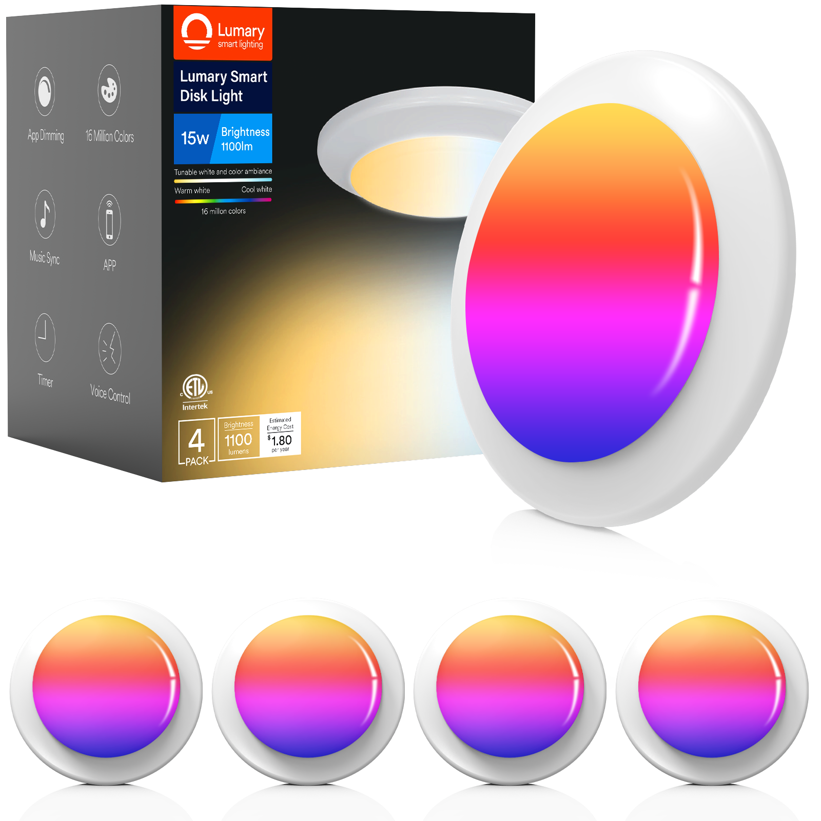 Refurbished Lumary Wi-Fi Smart LED Disk Ceiling Light 15W 5/6 inch 4 PCS (Model A)