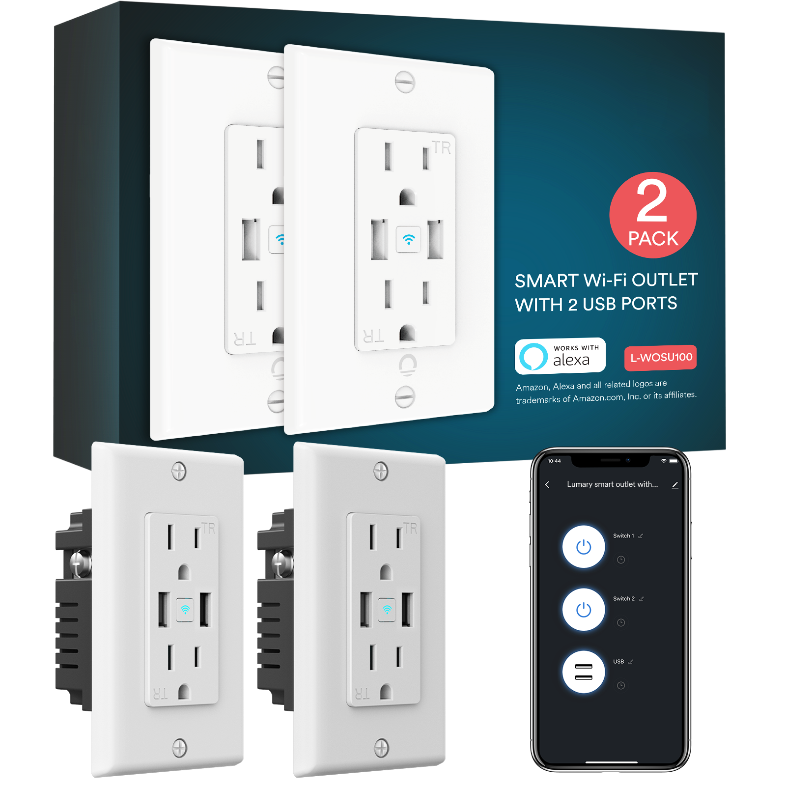 Lumary Smart Wi-Fi Outlet USB Fast Charger Smart Wall Socket 2PCS