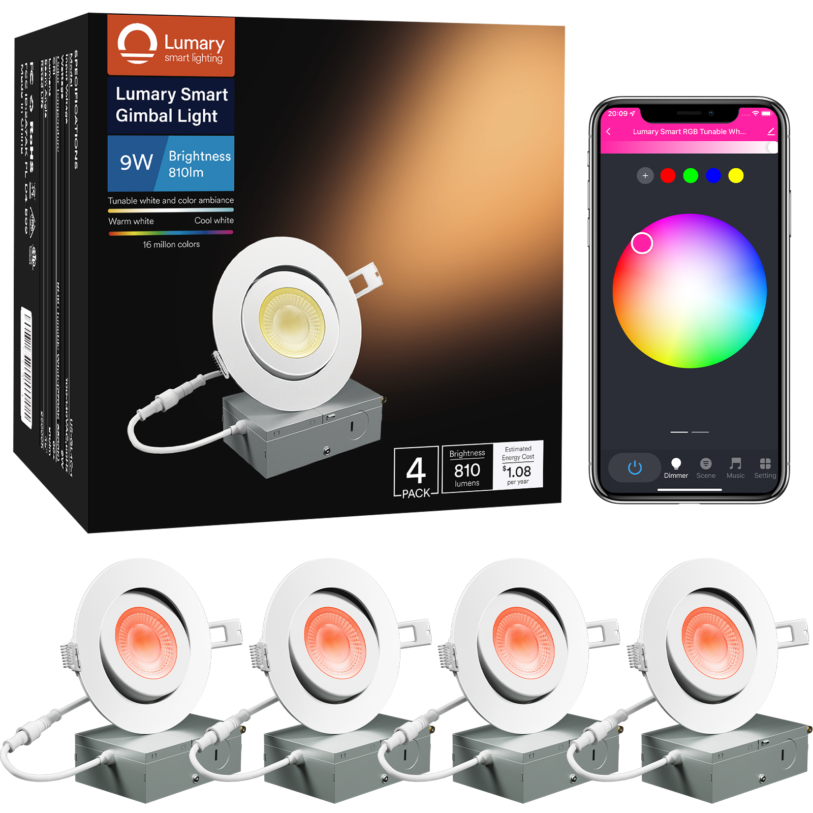 Lumary Wi-Fi Smart Gimbal Recessed Light 4 inch 9W 4PCS