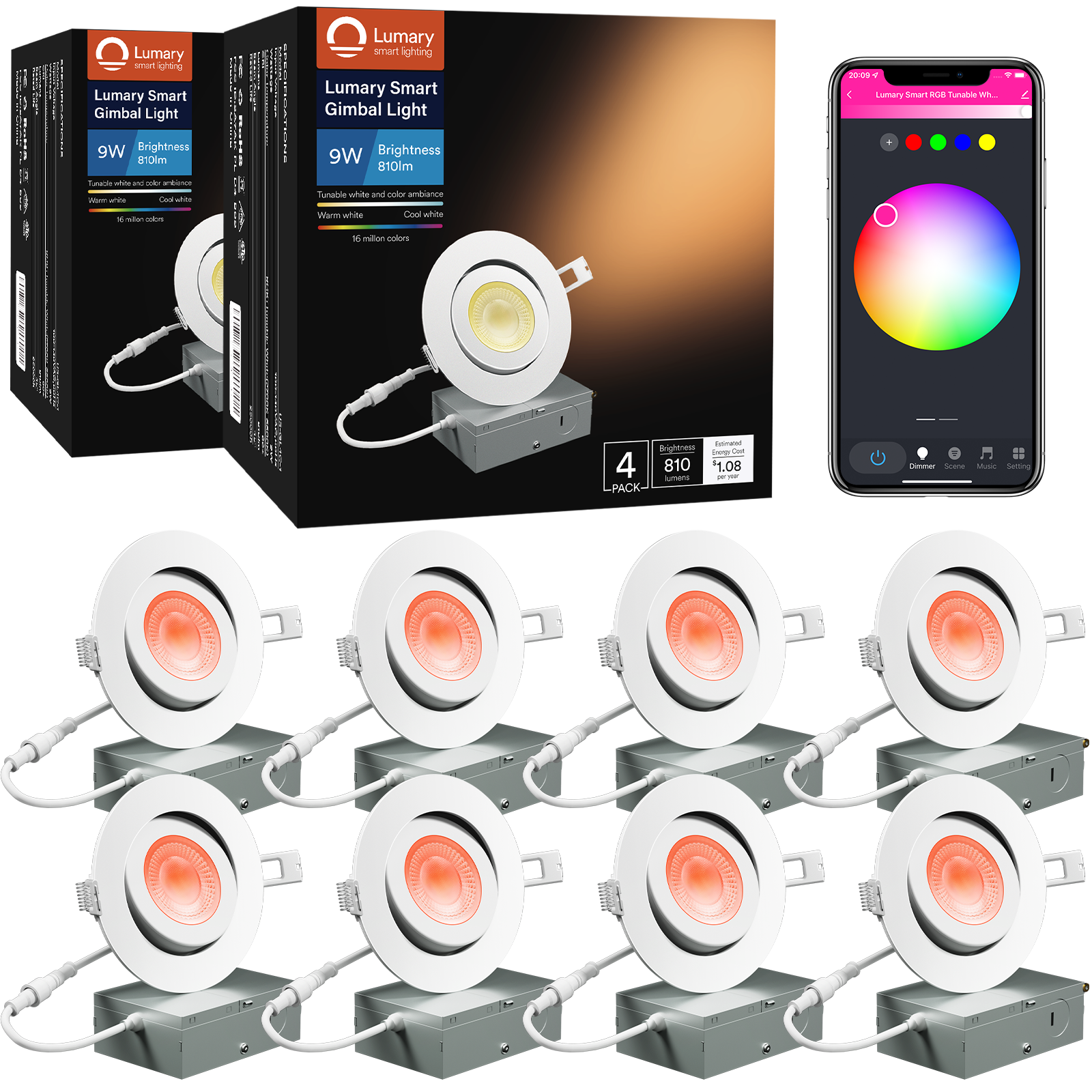 Lumary Wi-Fi Smart Gimbal Recessed Light 4 inch 9W 8PCS