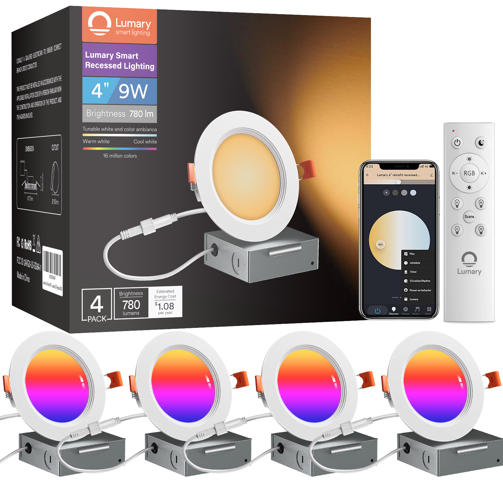 Lumary Wi-Fi Smart Ultra-Thin Baffle Trim Recessed Lighting 4inch 4PCS (With Remote Cotroller)