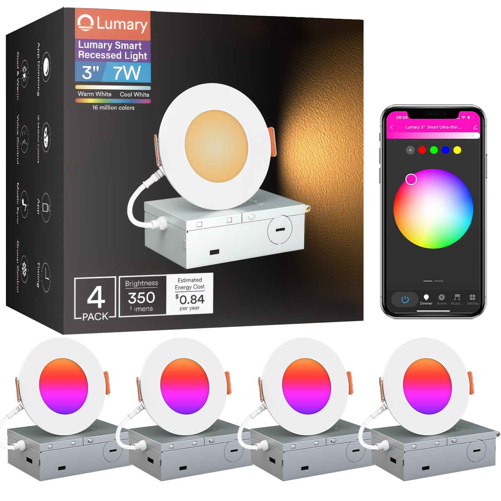 Lumary Wi-Fi Smart Canless Recessed Lighting 3 inch 4 PCS