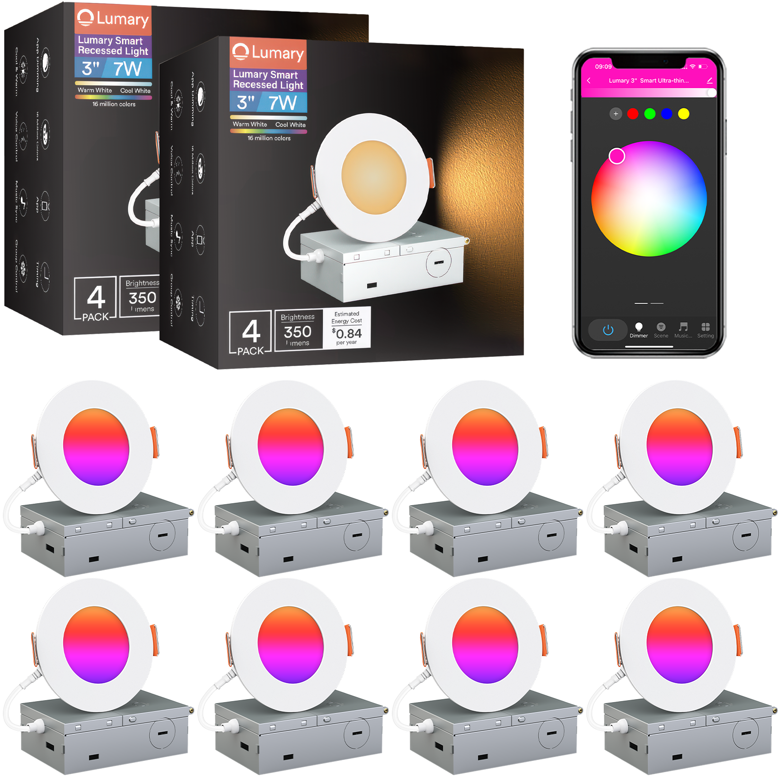 Lumary Wi-Fi Smart Canless Recessed Lighting 3 inch 8 PCS