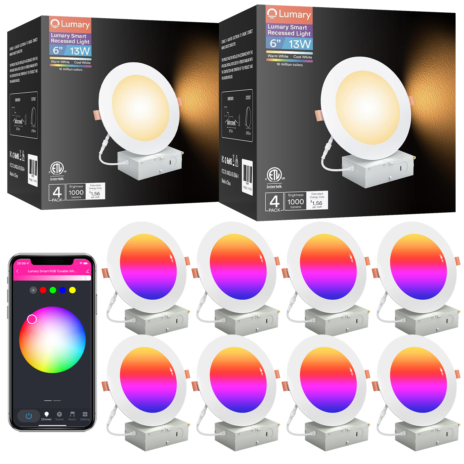 Lumary Wi-Fi Smart Canless Recessed Lighting 6 inch 8 PCS