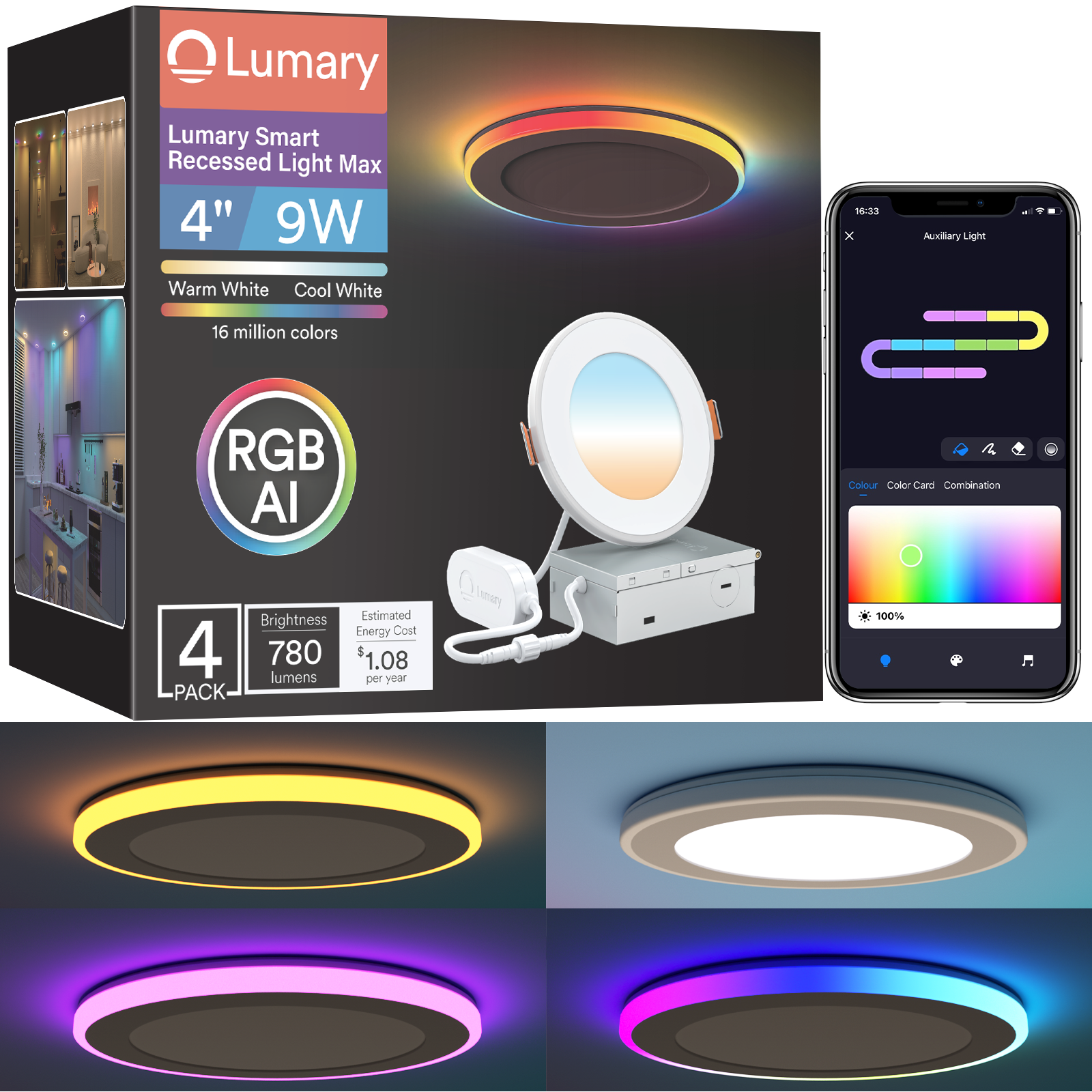 Lumary 4 inch Smart RGBAI Recessed Light with Gradient Auxiliary Night Light