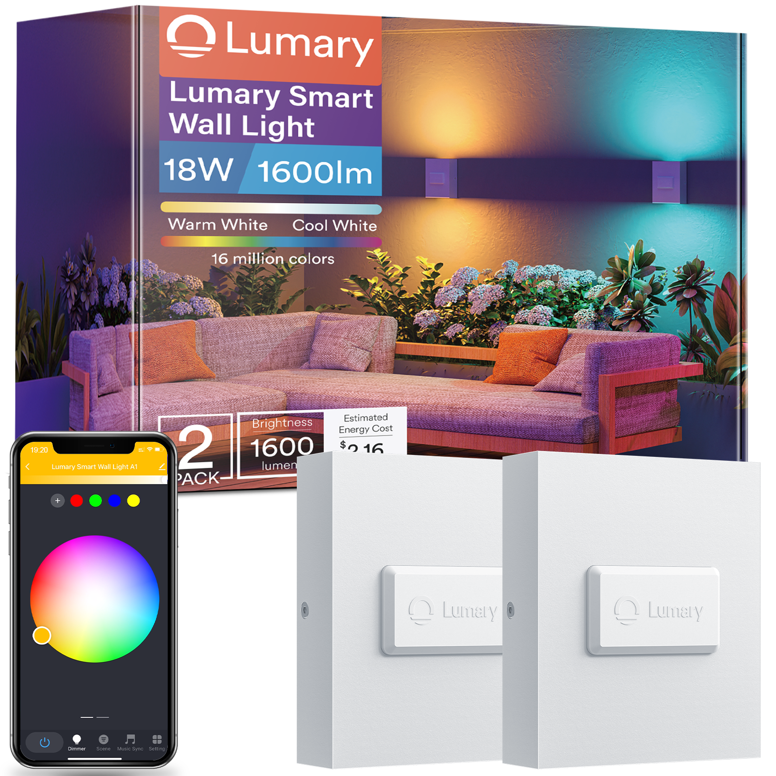 Lumary Smart Wall Sconce Light Up Down Wall Lamp Dimmable 18W 1600LM 2 PCS