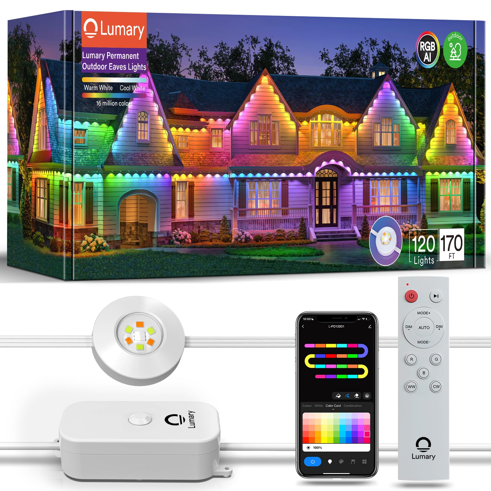 Lumary outdoor lights box with app and remote control, displaying colorful home lighting options.