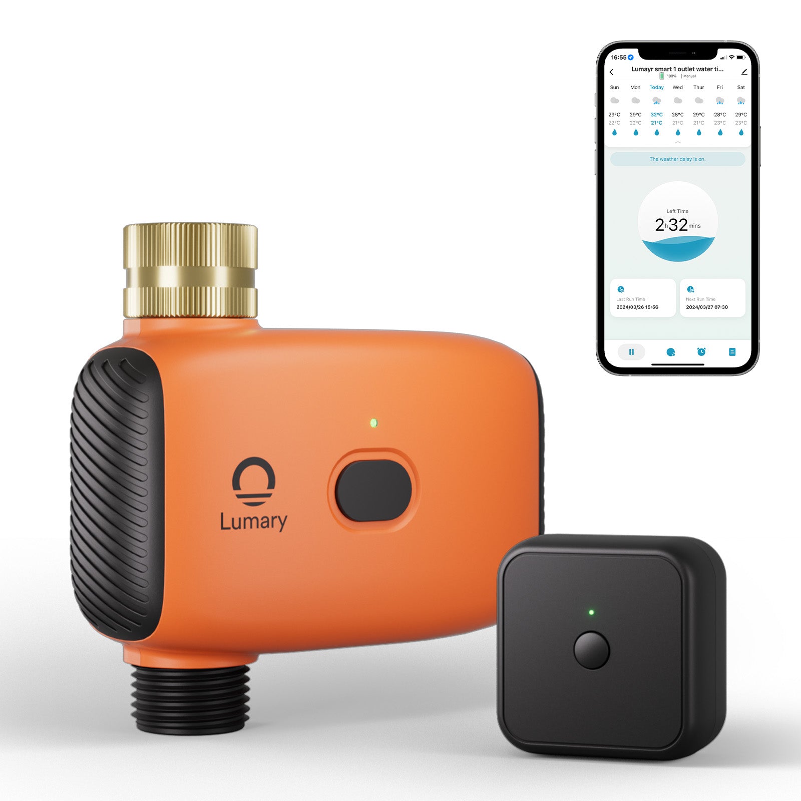 Lumary smart watering timer with mobile app and sturdy brass inlet.