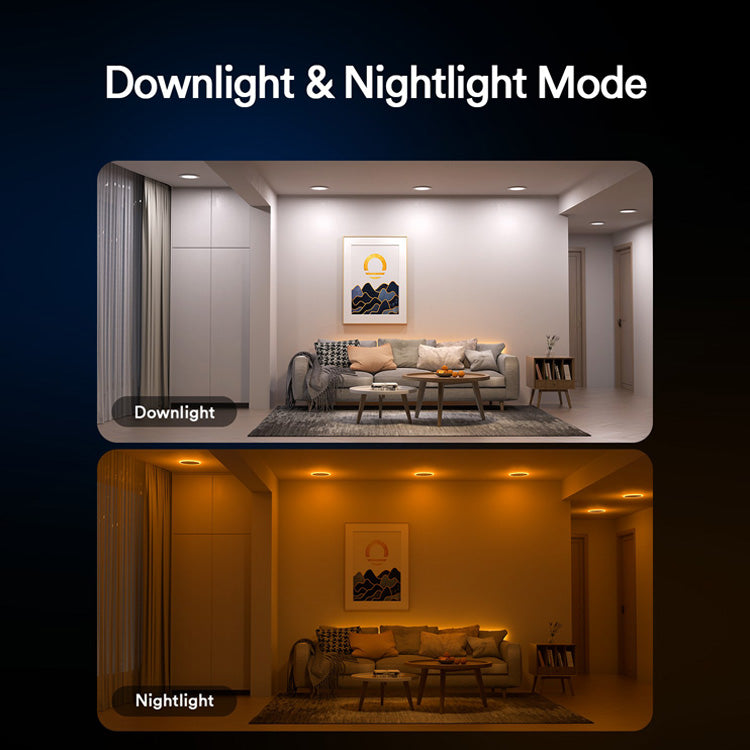 Comparison of Lumary Smart Light in downlight and nightlight modes in a living room.