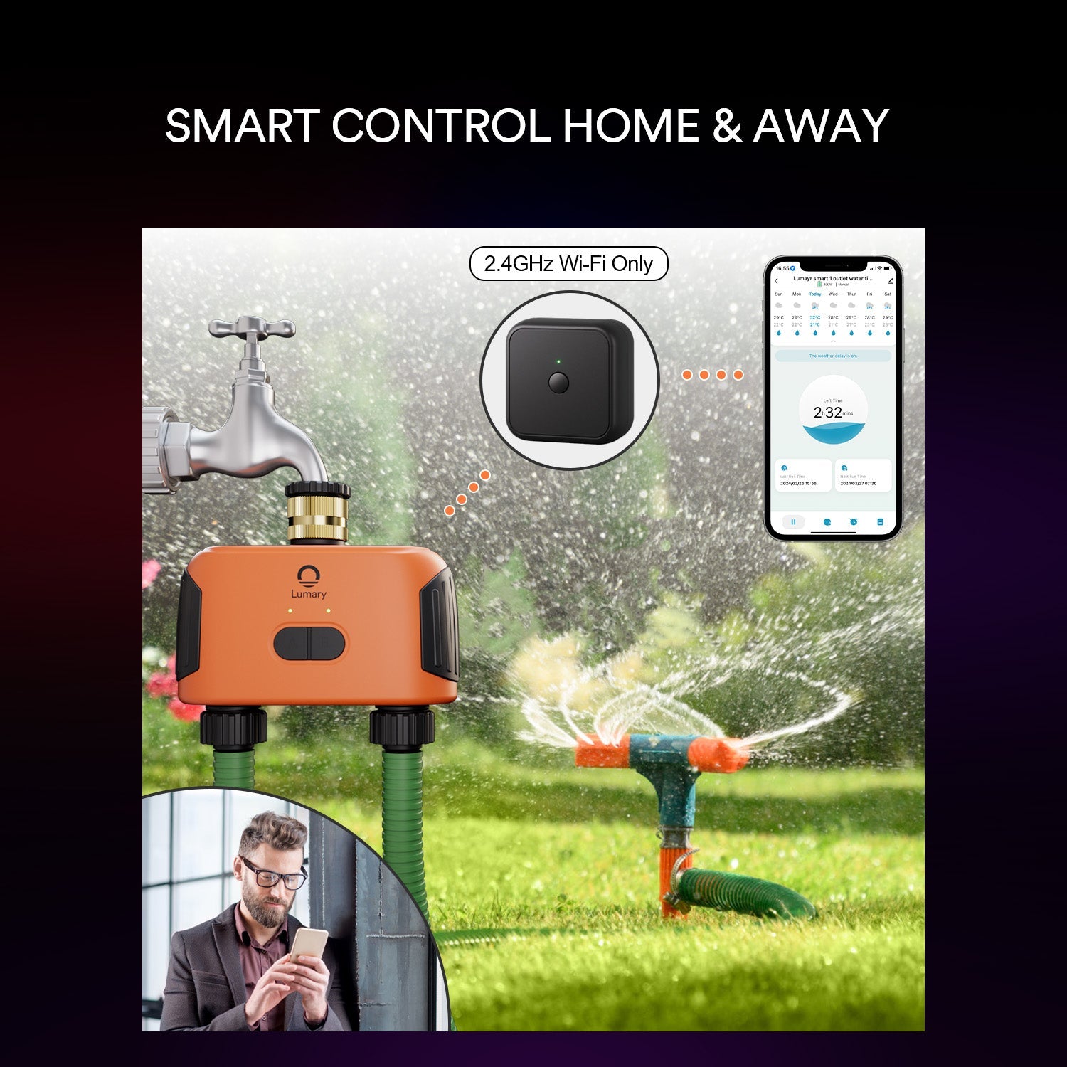 Lumary Smart Water Timer showcasing Wi-Fi app control for irrigation management