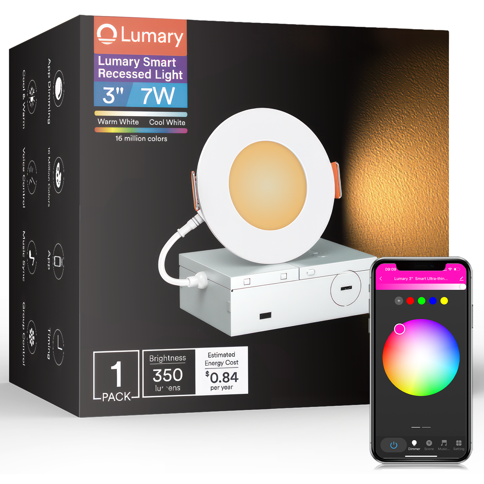 Lumary Smart 3 inch recessed light with color control app on smartphone