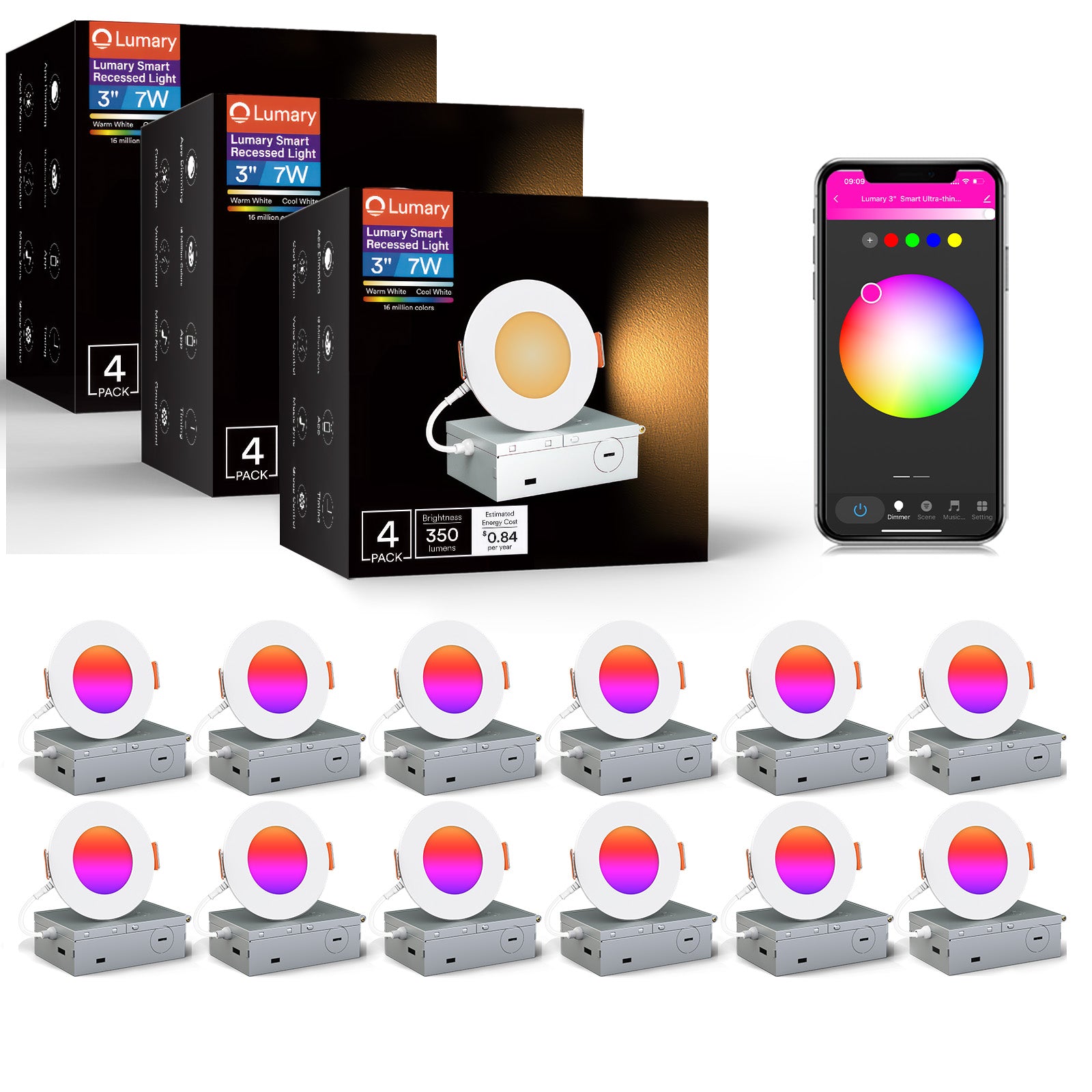 4-pack Lumary Smart Canless Recessed Lights with color control app on smartphone