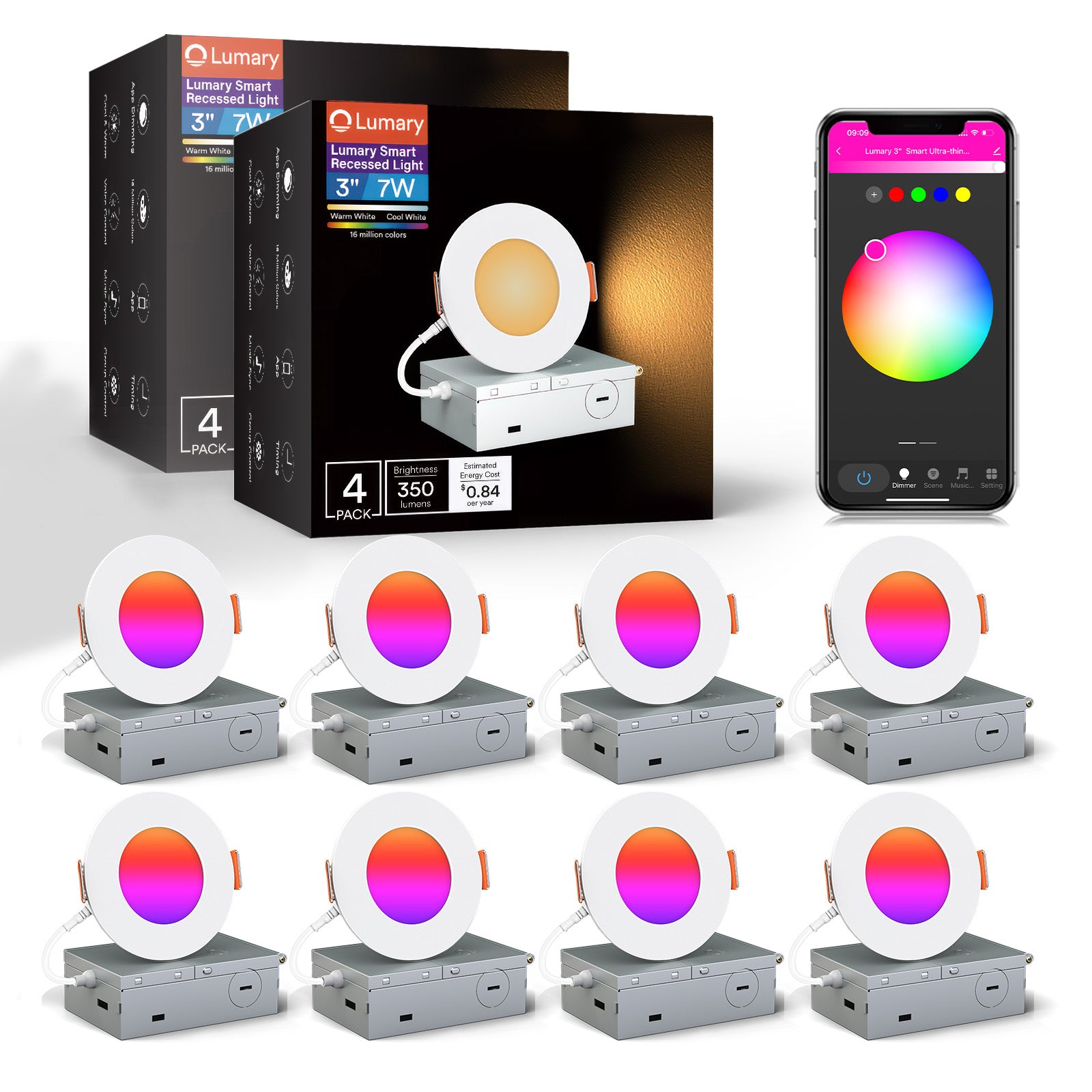 Lumary 3 inch smart recessed lights with app color selection and packaging.