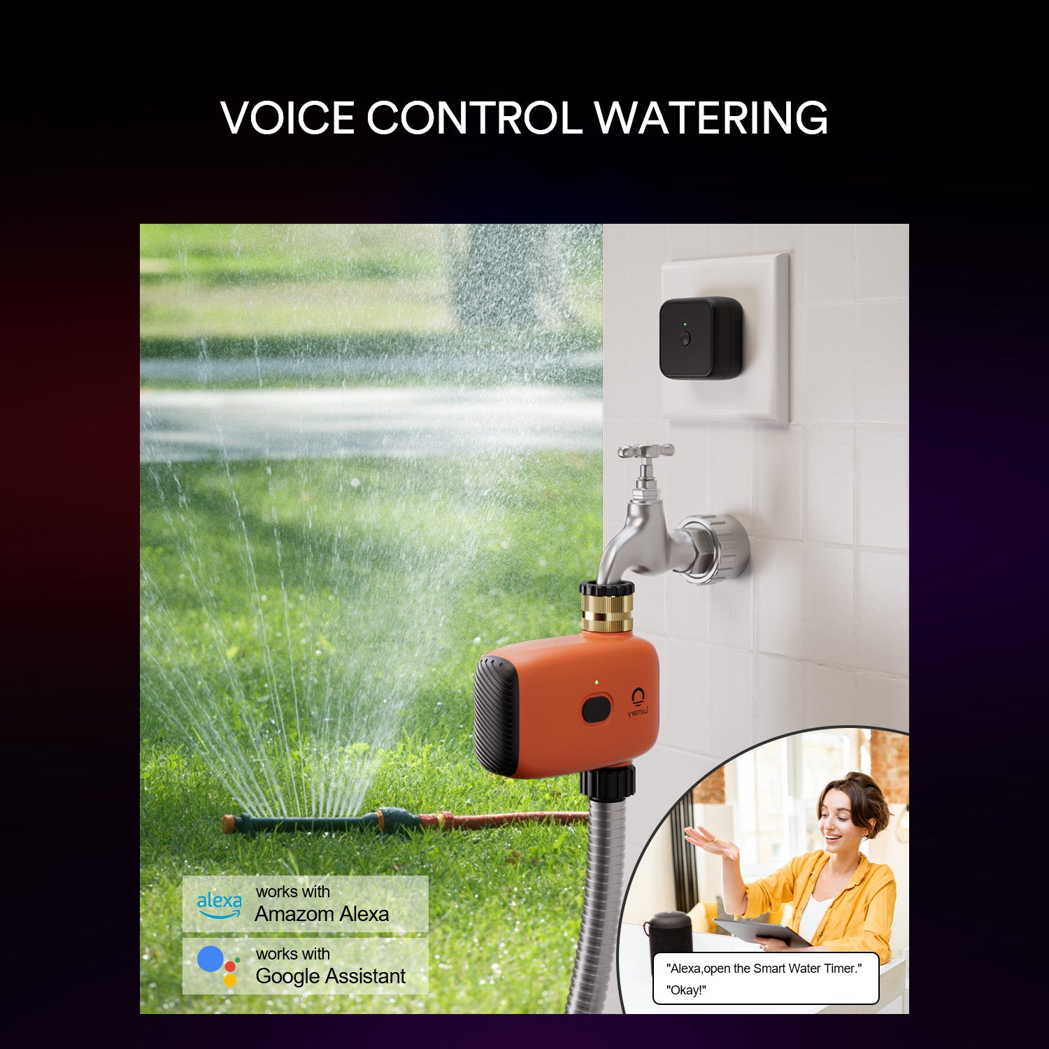 Lumary smart watering timer connected to faucet with voice control via Alexa and Google Assistant.