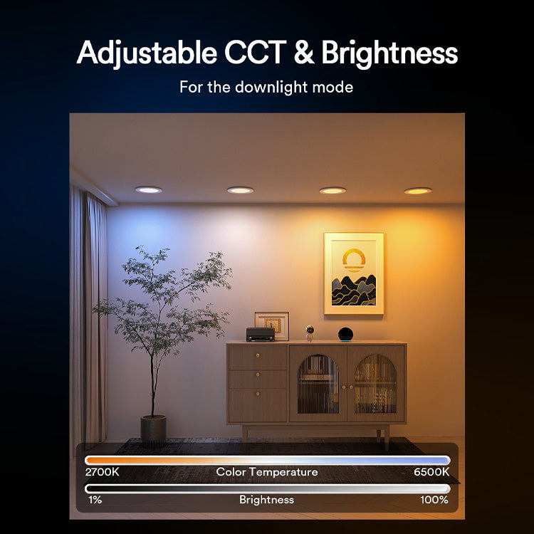 Living room lighting showing adjustable color temperature and brightness.