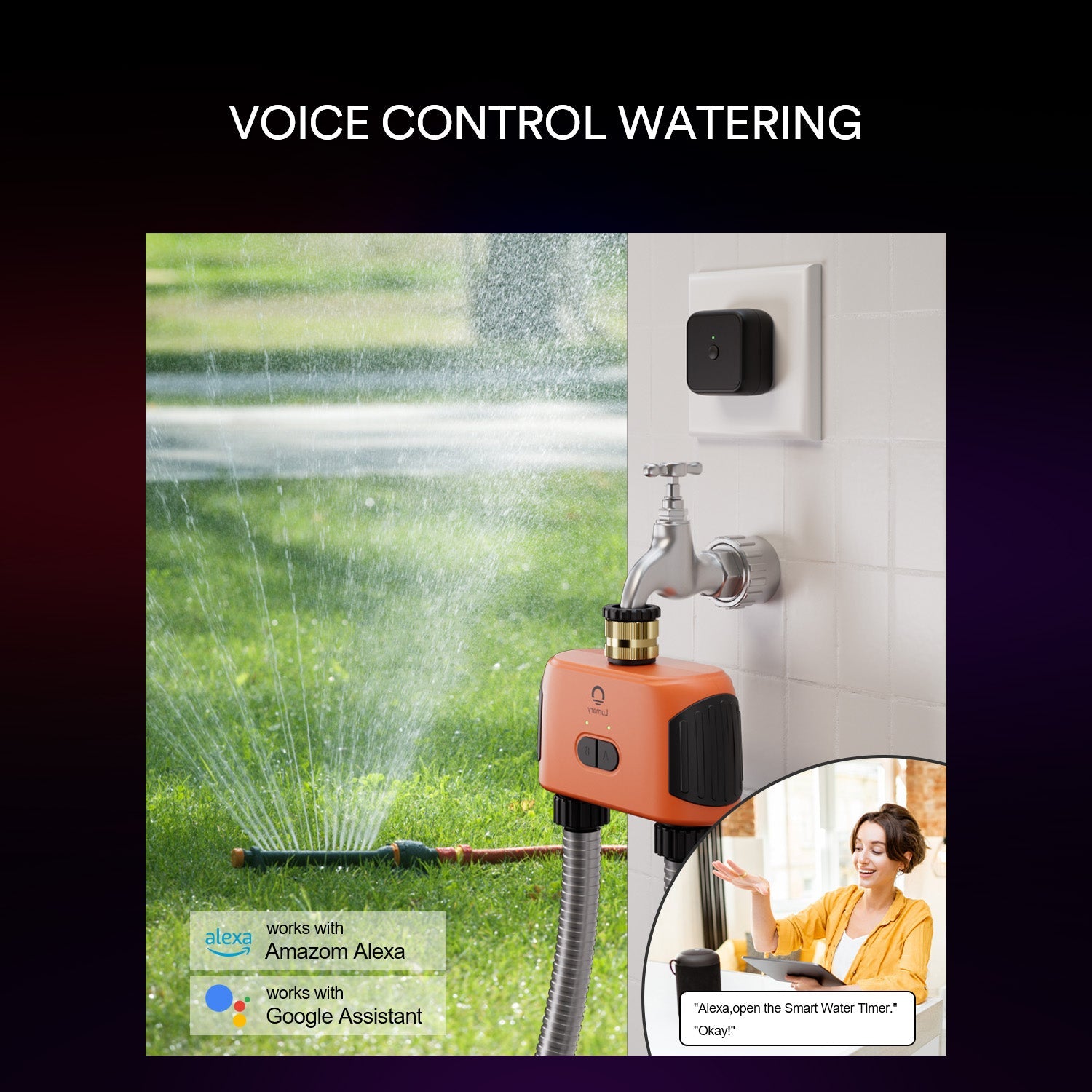 Lumary Smart Water Timer with voice control and smartphone app for watering plants