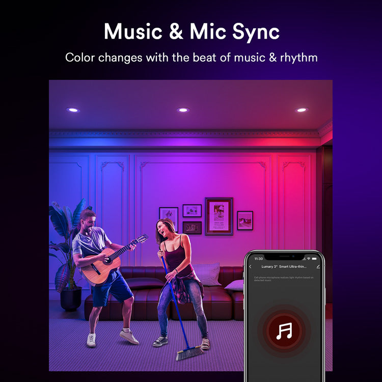 Couple singing with Lumary lights changing colors to music in living room.