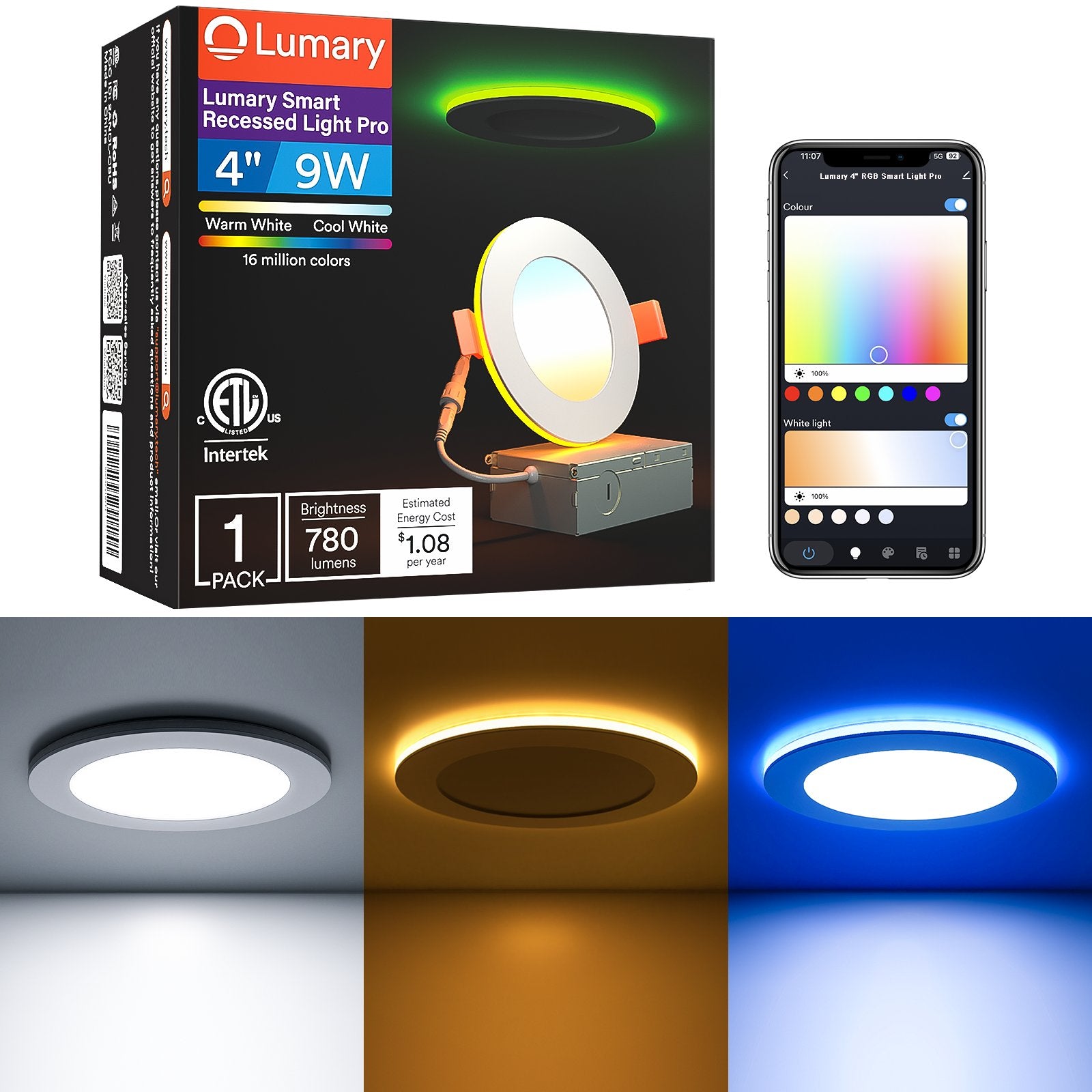 Lumary Smart Recessed Light Pro box, smartphone app with 16 million colors.