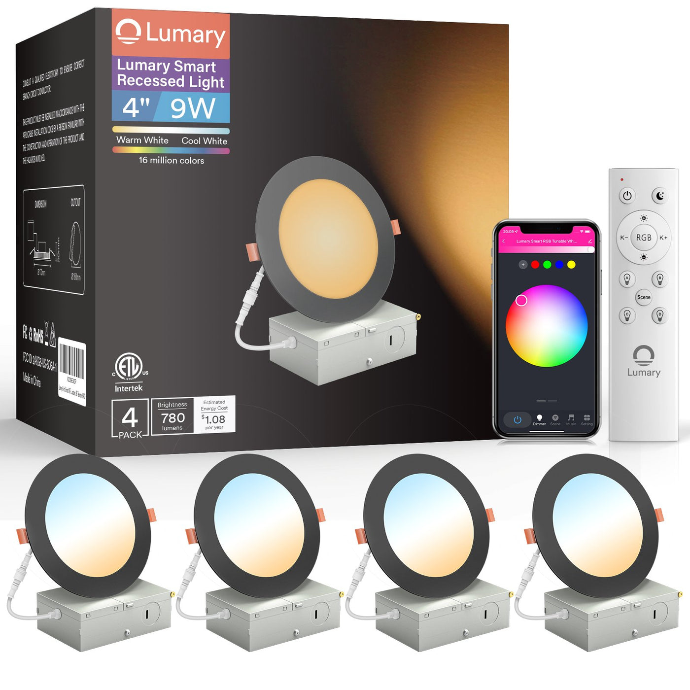 Lumary Wi-Fi Smart Ultra-thin Recessed Lighting Black 4 inch 4PCS (With Remote Controller)