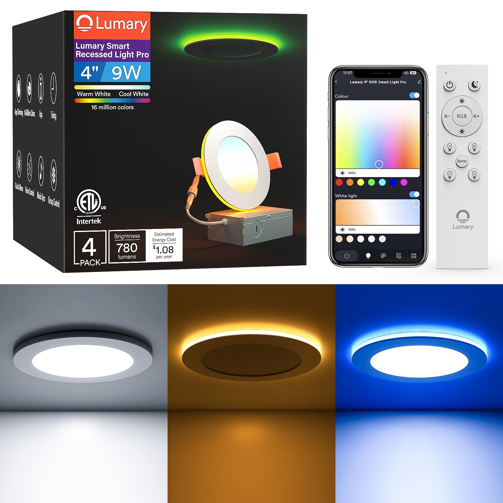Lumary Smart Recessed Light Pro box with app and lights in warm white, RGB, and cool white modes.