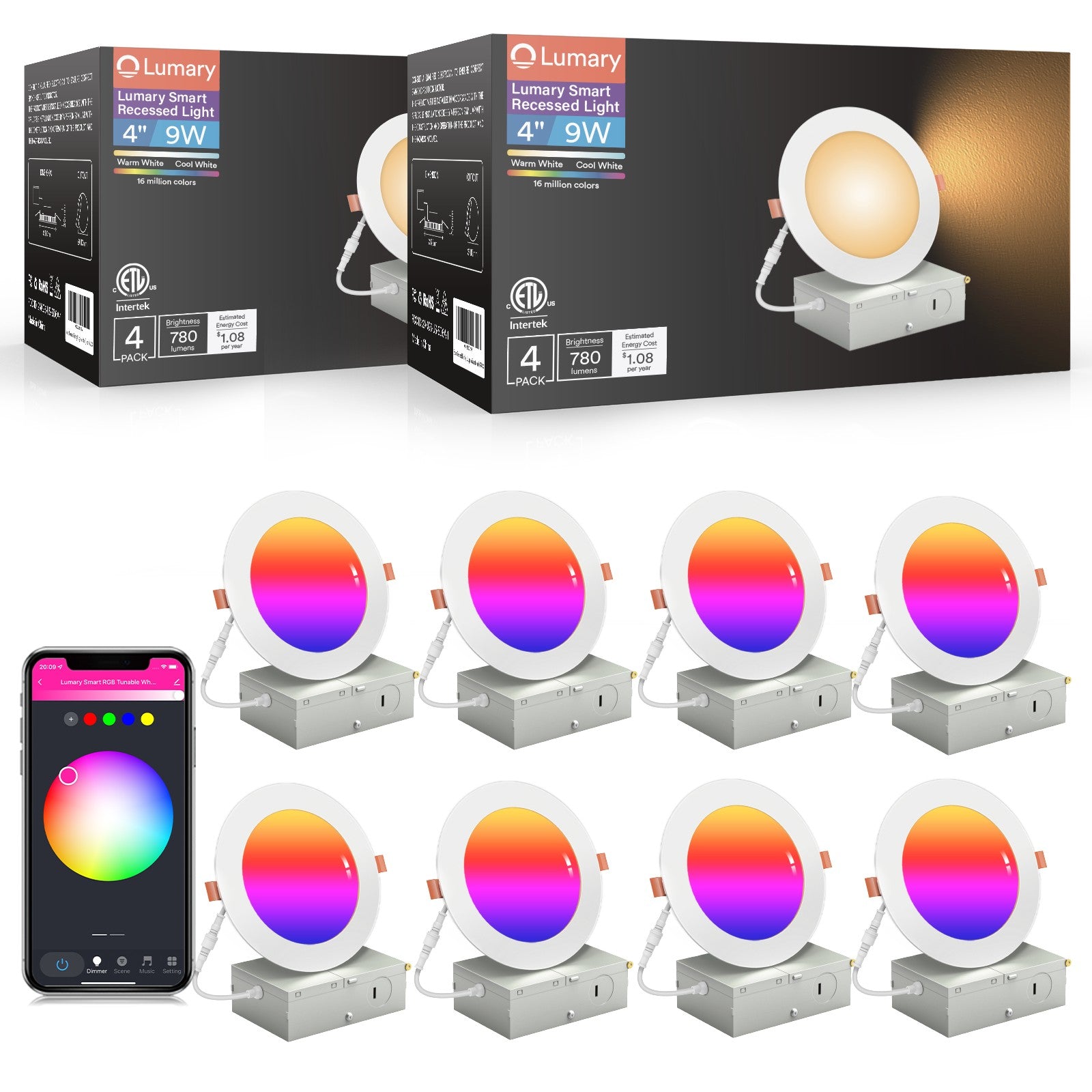Lumary Smart Canless Recessed Lighting 4-inch with app controls and color options.