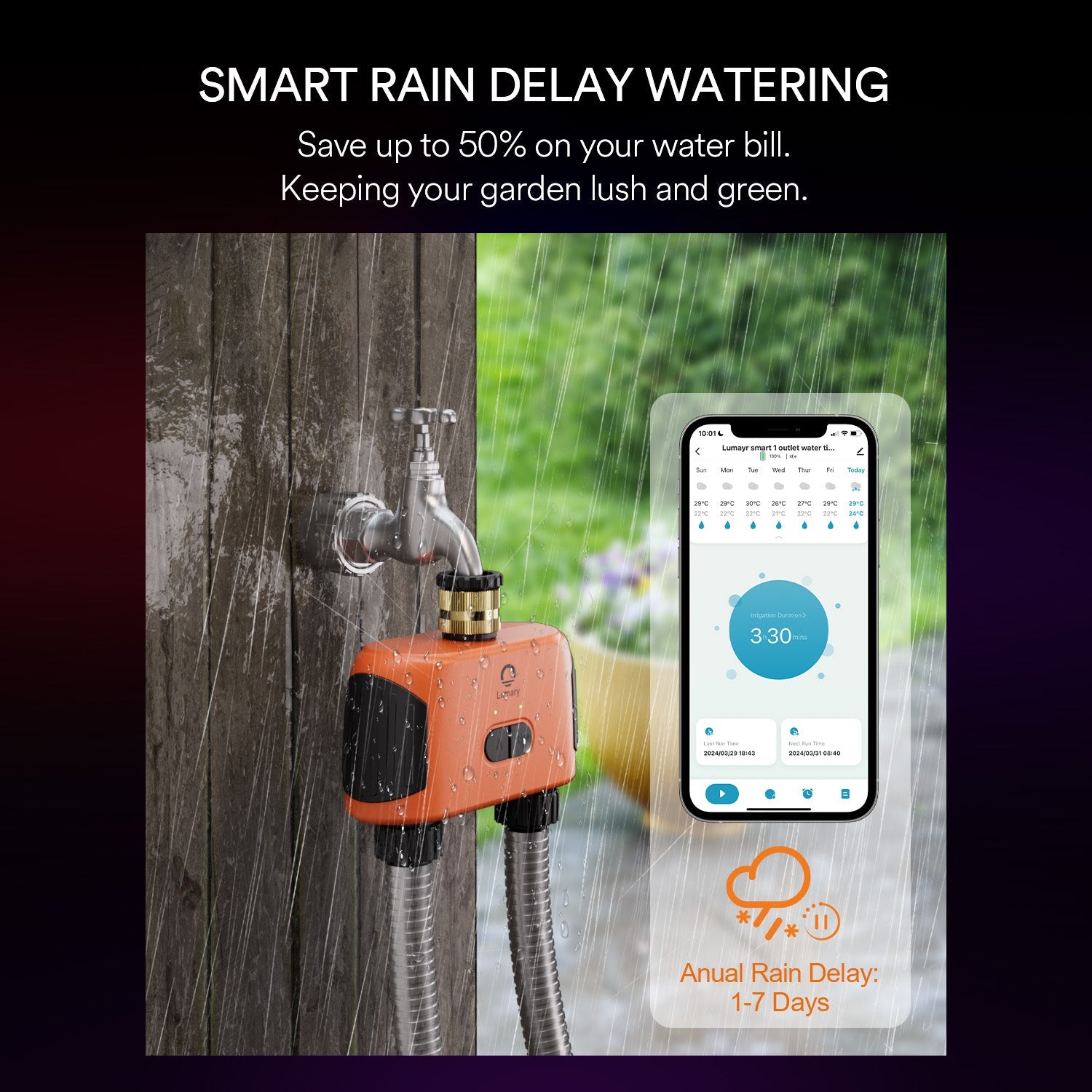 Smart Water Timer with rain delay feature and app for efficient garden watering