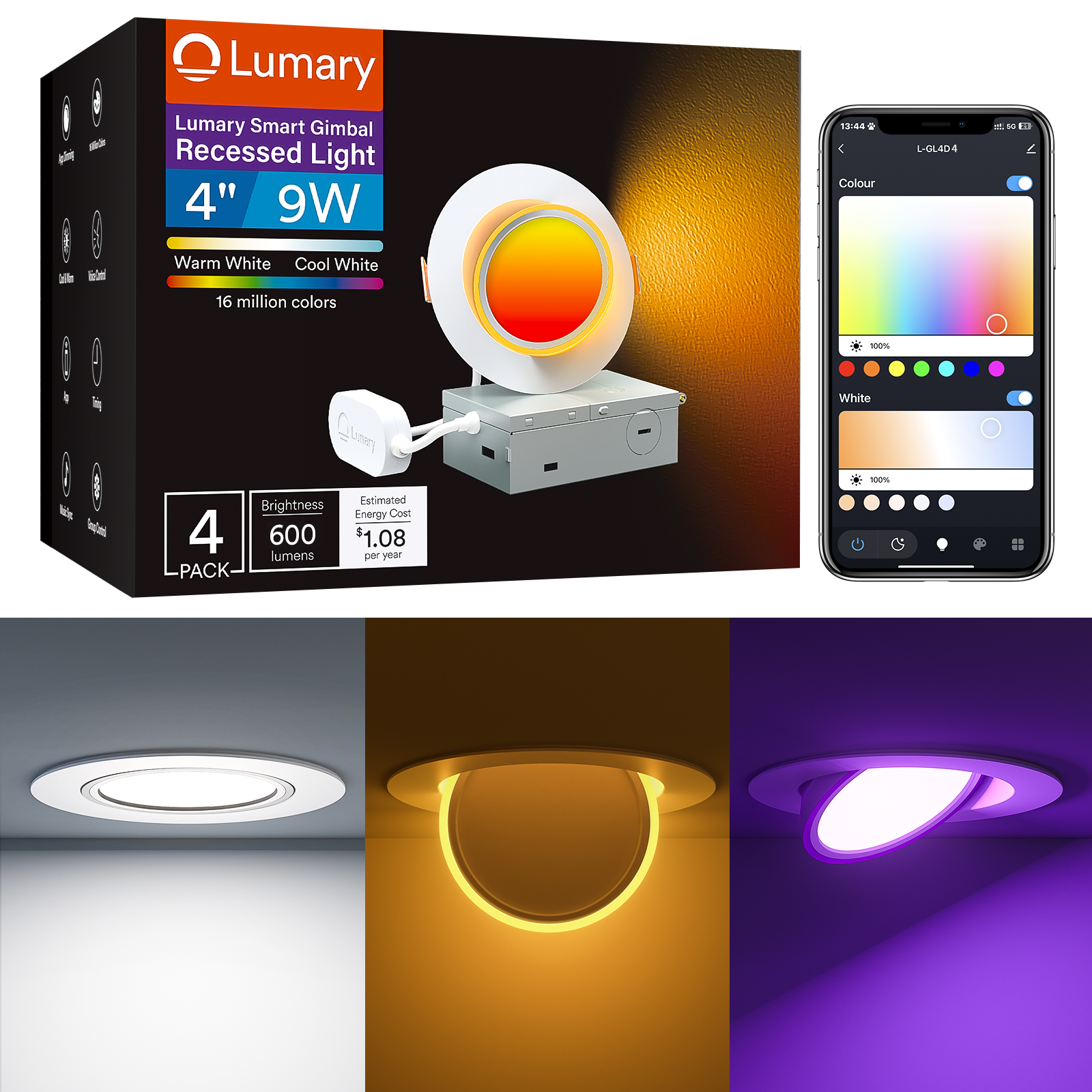 Lumary 4-inch Gimbal Light with app control showcasing multiple color options and brightness settings.