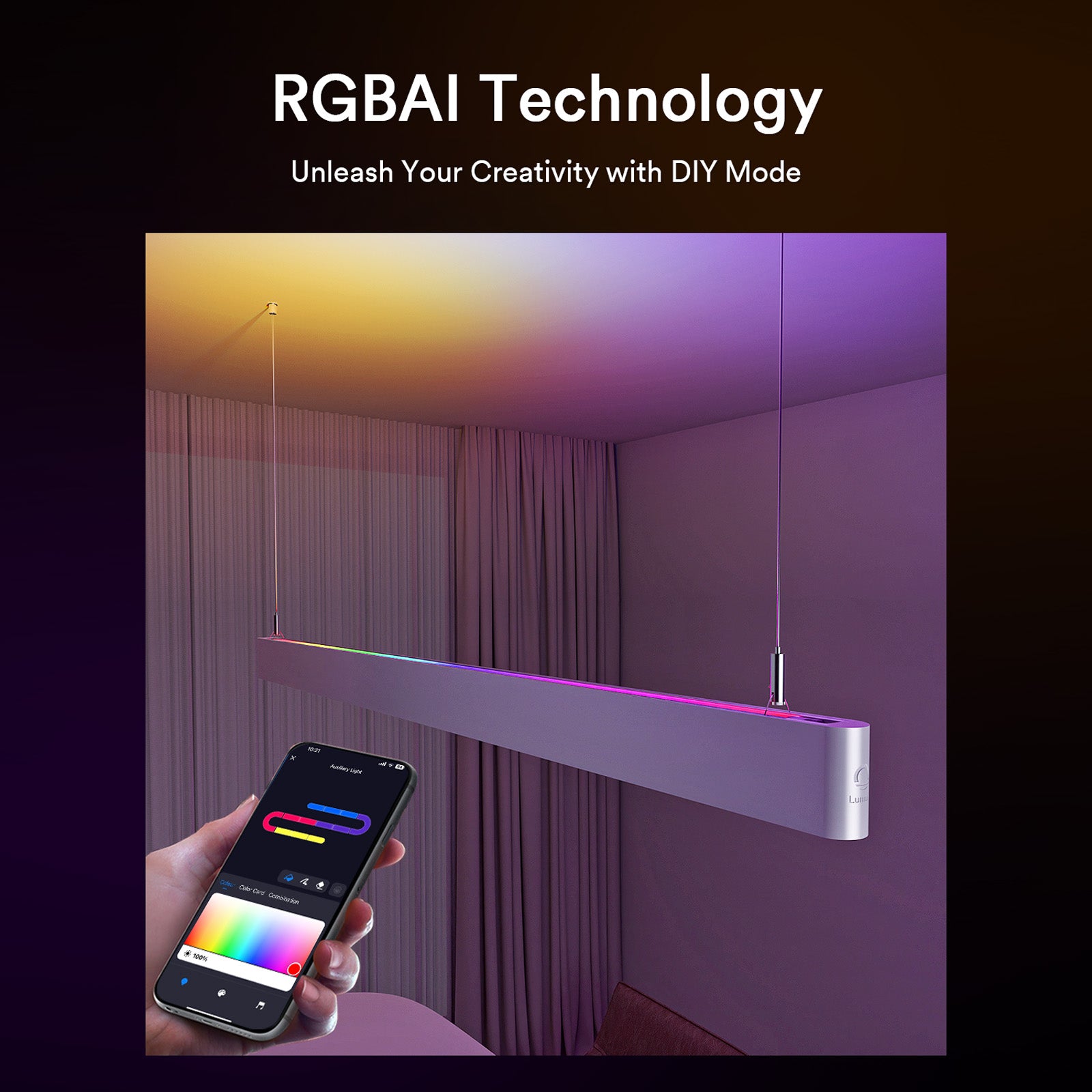 Lumary RGBAI linear light with DIY mode in a contemporary setting, smartphone app displayed.