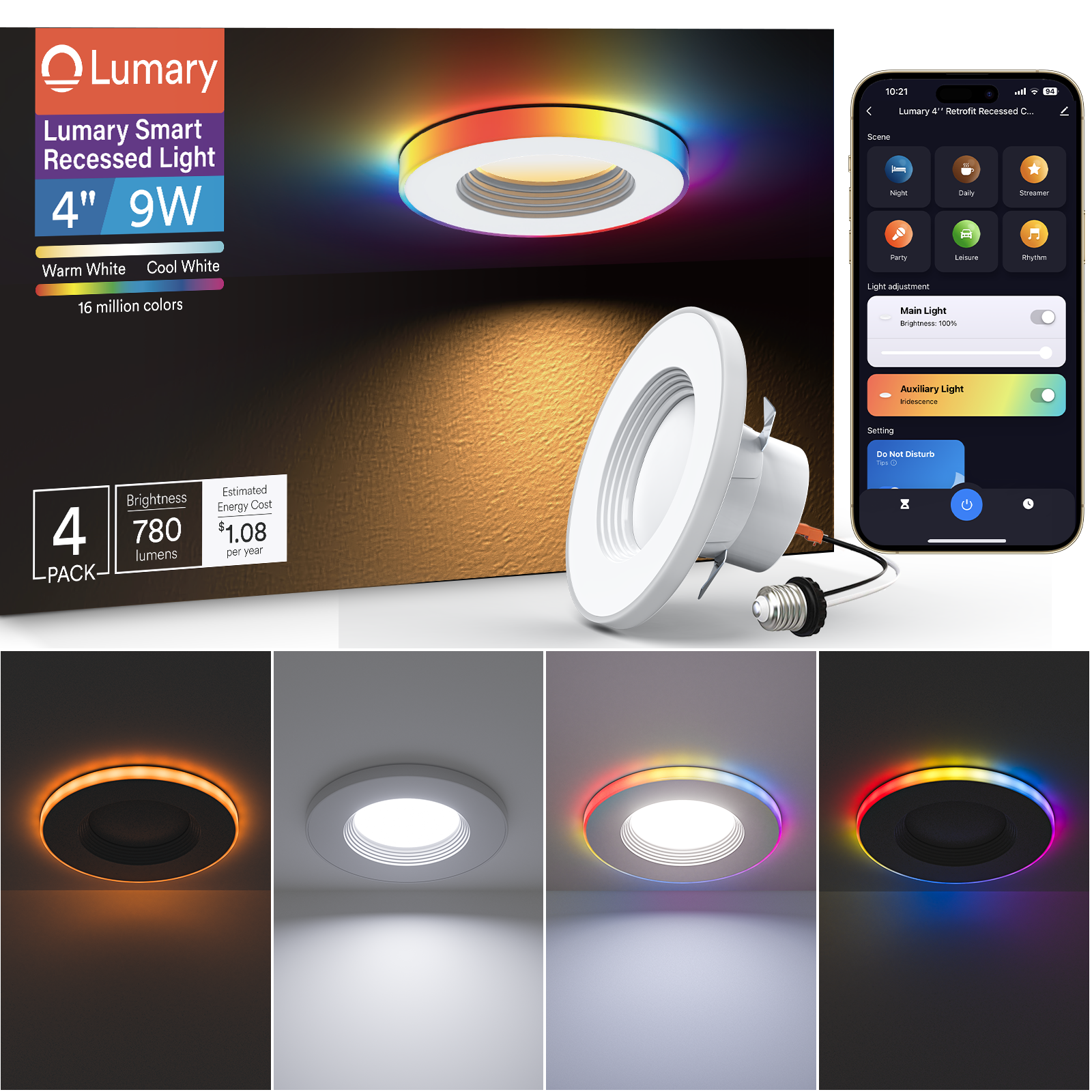 Lumary Smart 4-inch recessed light with app control showcasing various color modes.