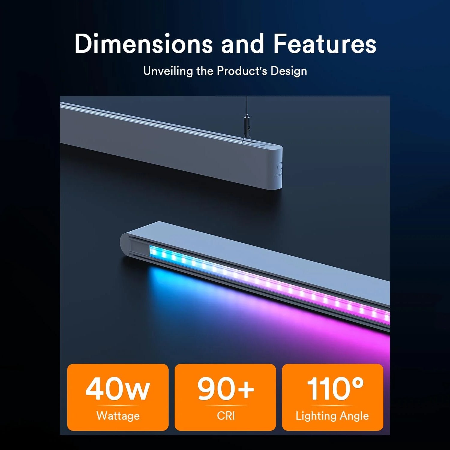 Lumary Smart RGBAI Linear Light with dimensions and features on display.