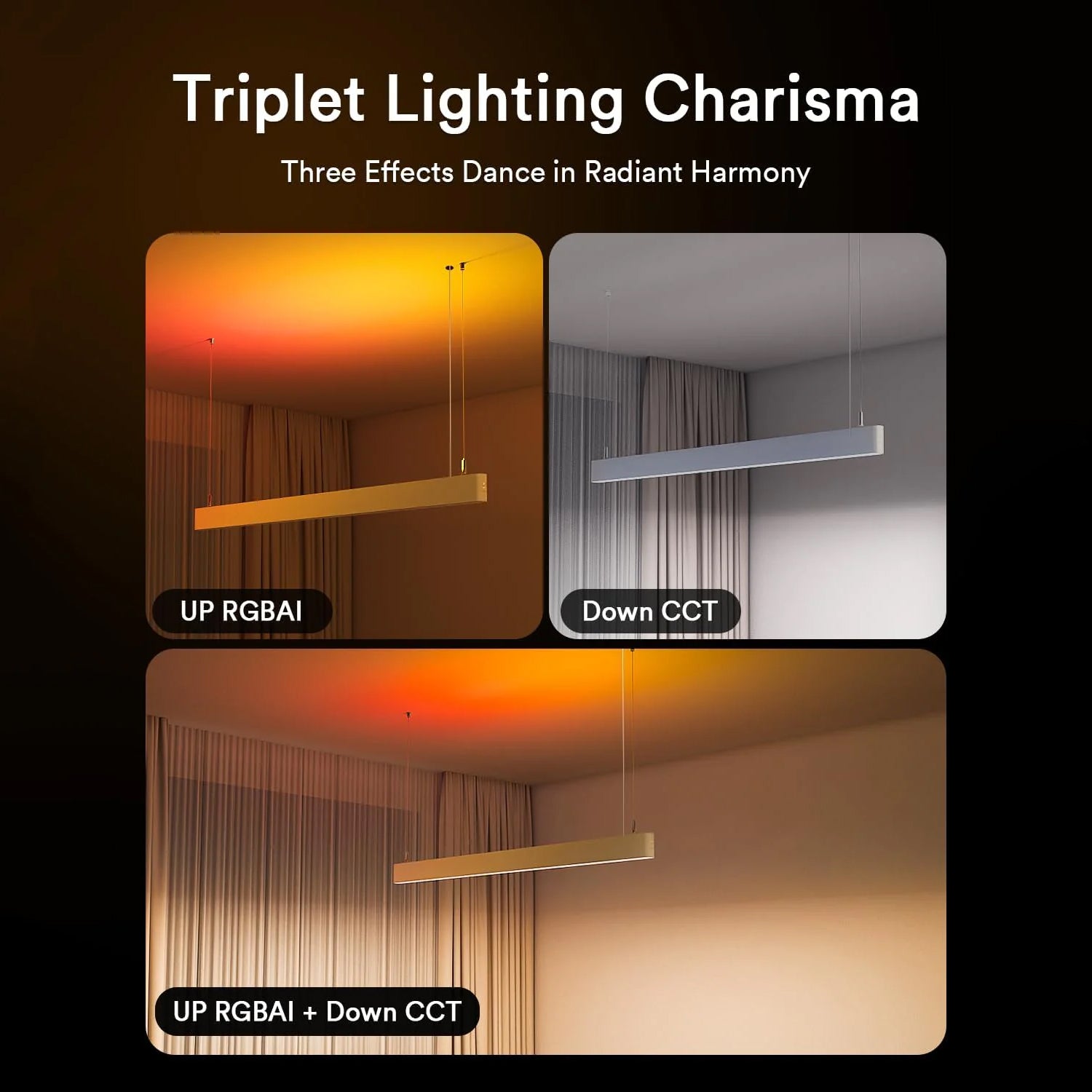Lumary Linear Light displaying three lighting effects in a modern environment.