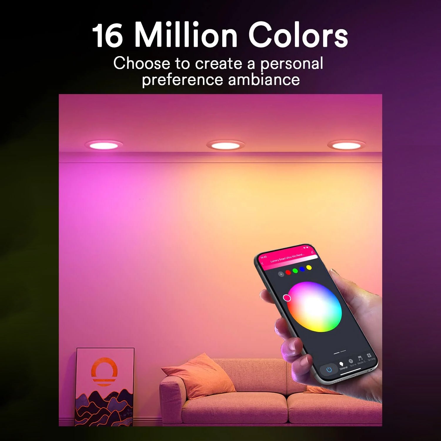 Smartphone app controlling Lumary lights with 16 million color options in a modern room.