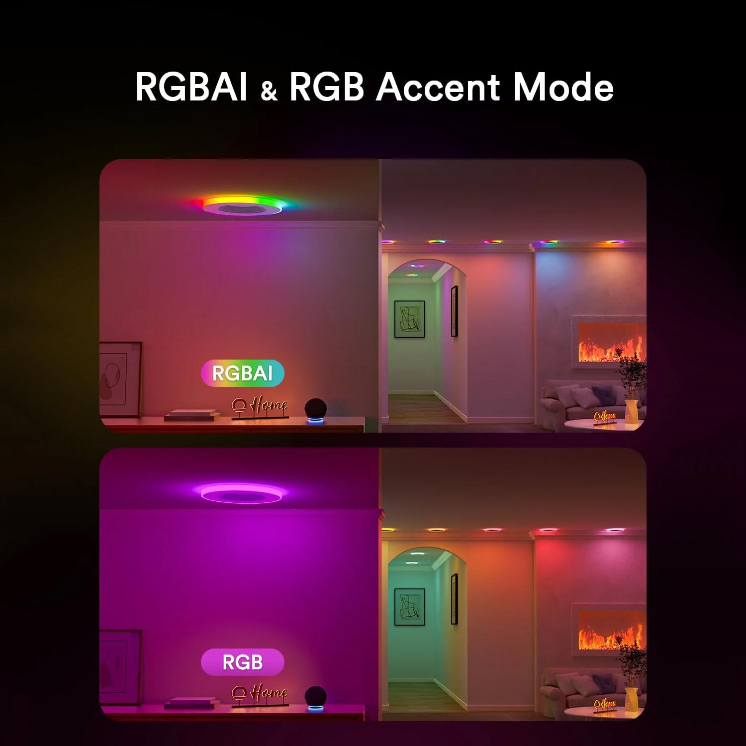Lumary recessed lights showing RGBAI and RGB accent modes in a cozy room setting.
