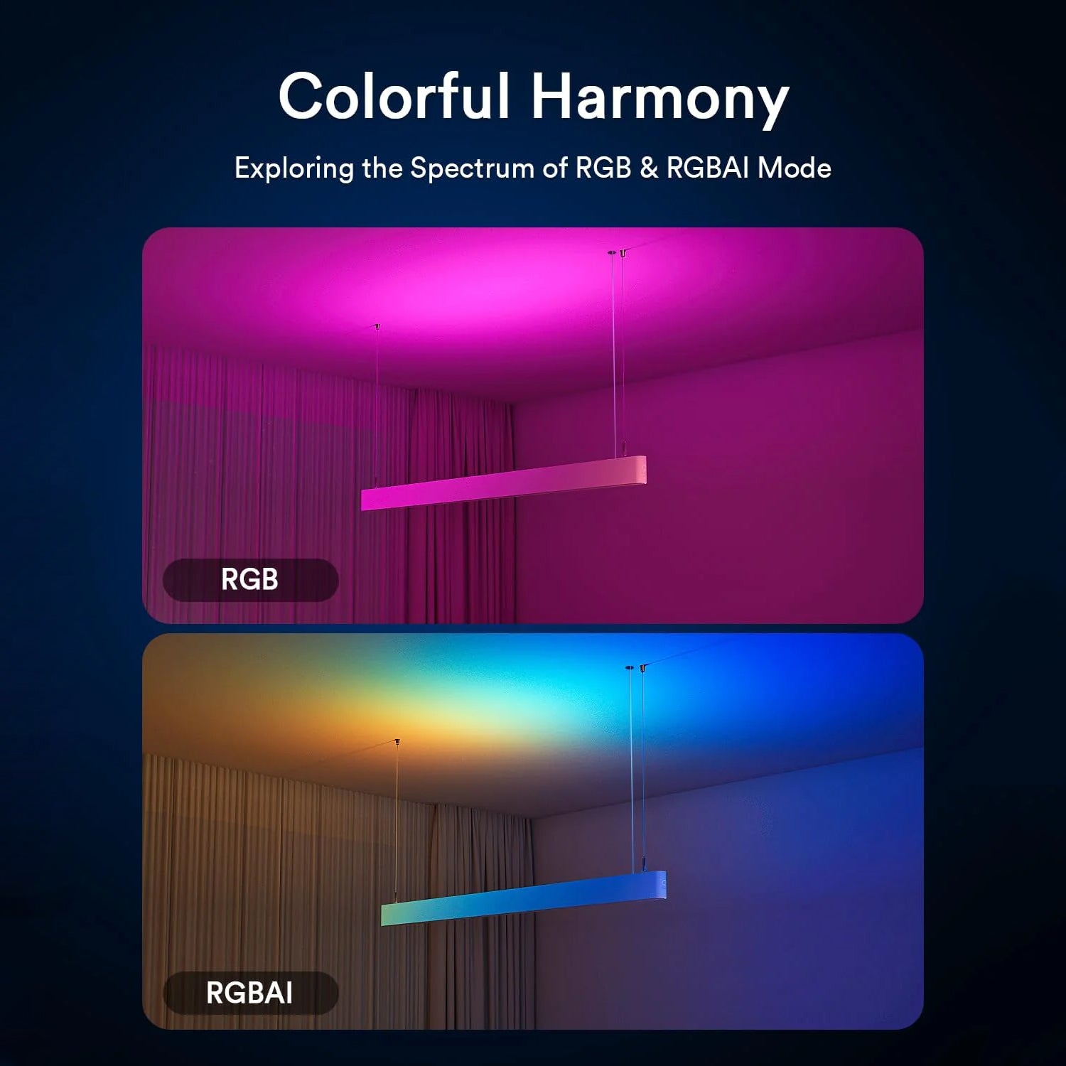 Lumary Smart Linear Light showcasing RGB and RGBAI color modes in a stylish setting.