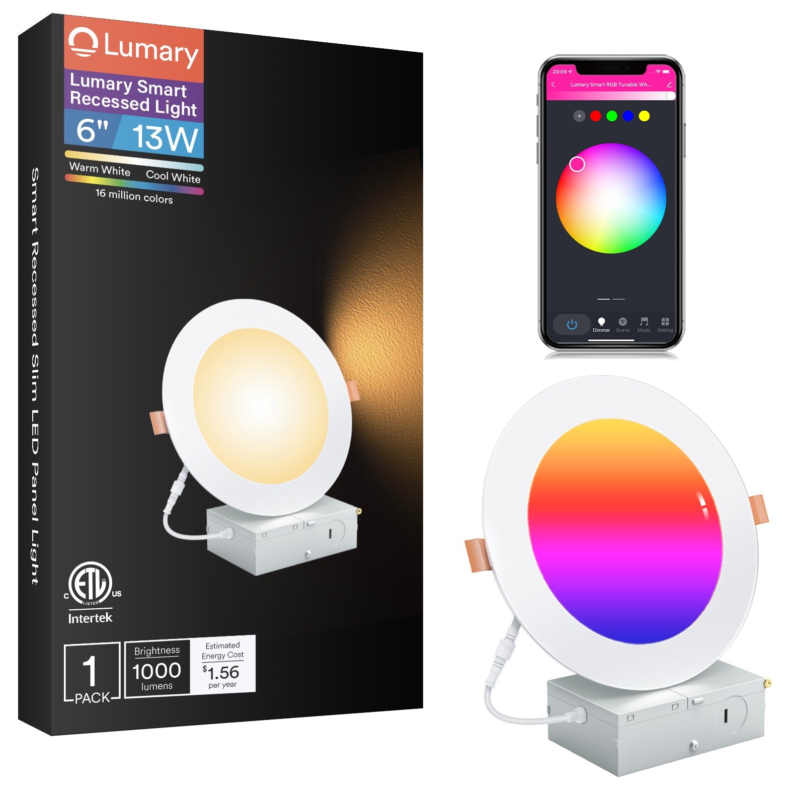 Lumary Smart Canless Recessed Light 6 inch with color control app on smartphone