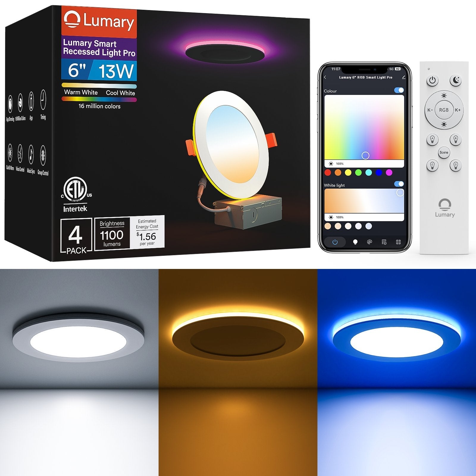 Lumary Smart Recessed Light Pro packaging with app and remote for color control.