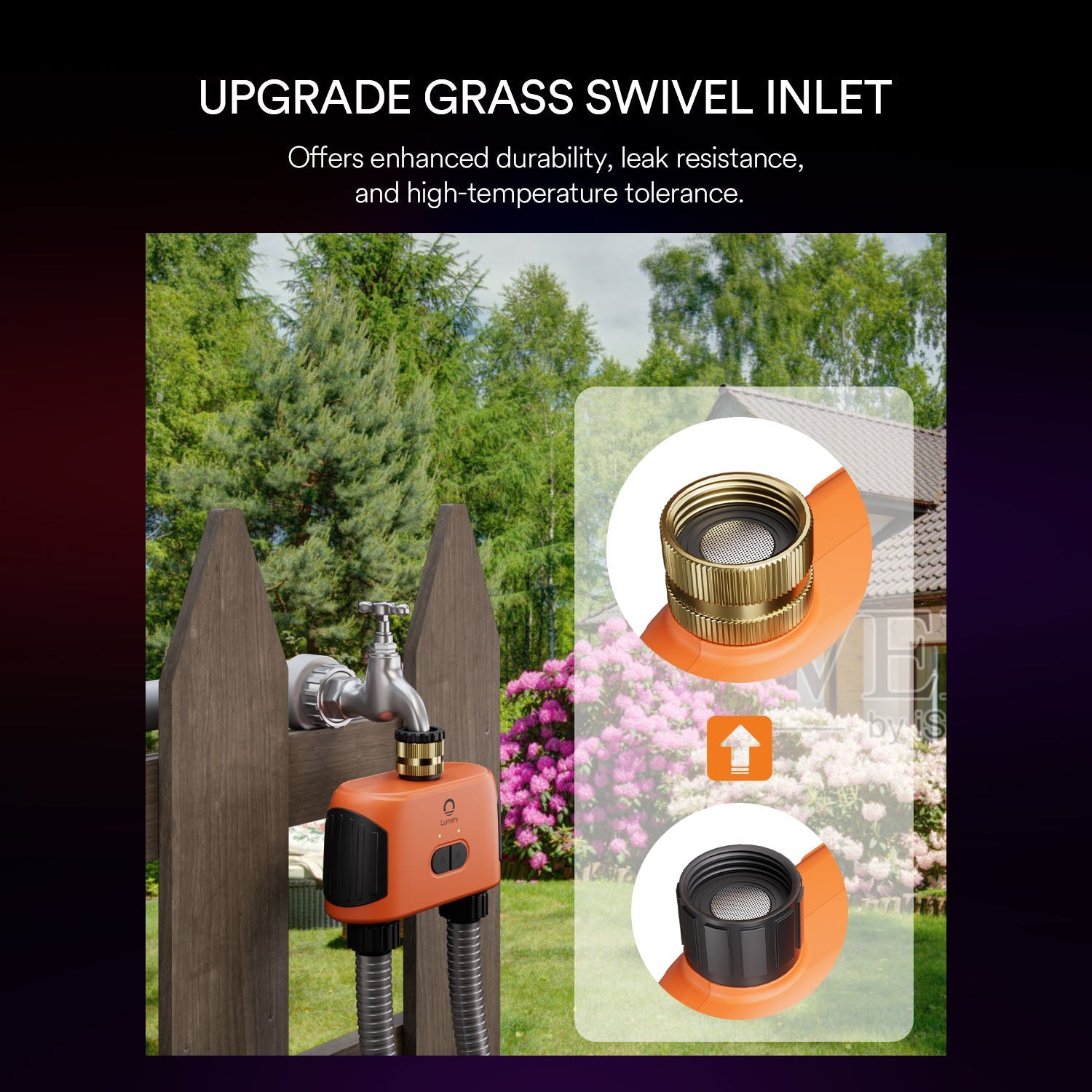 Lumary Smart Water Timer with durable grass swivel inlet for leak-resistant garden watering