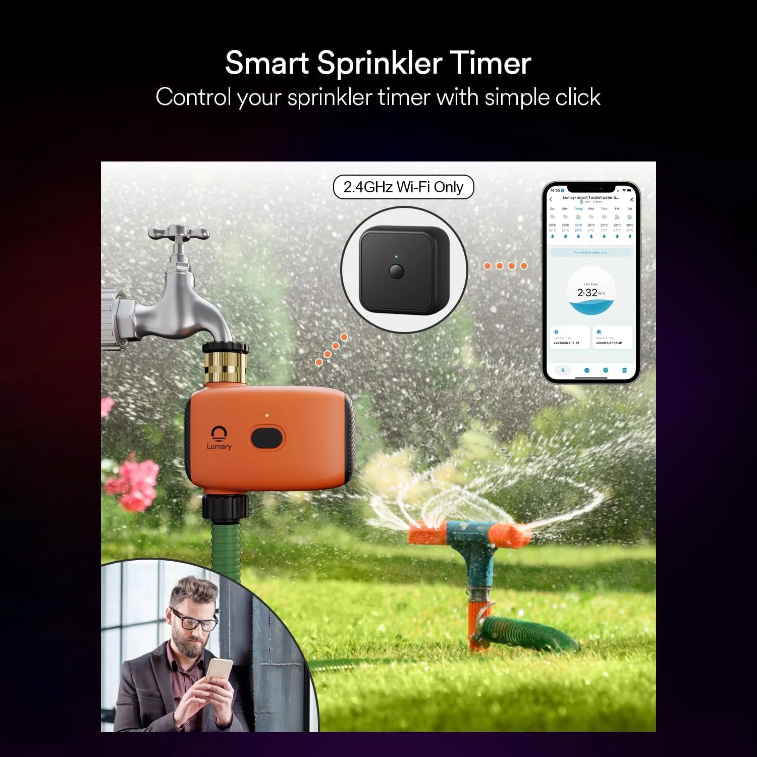 Lumary smart sprinkler timer with mobile app control and faucet attachment.