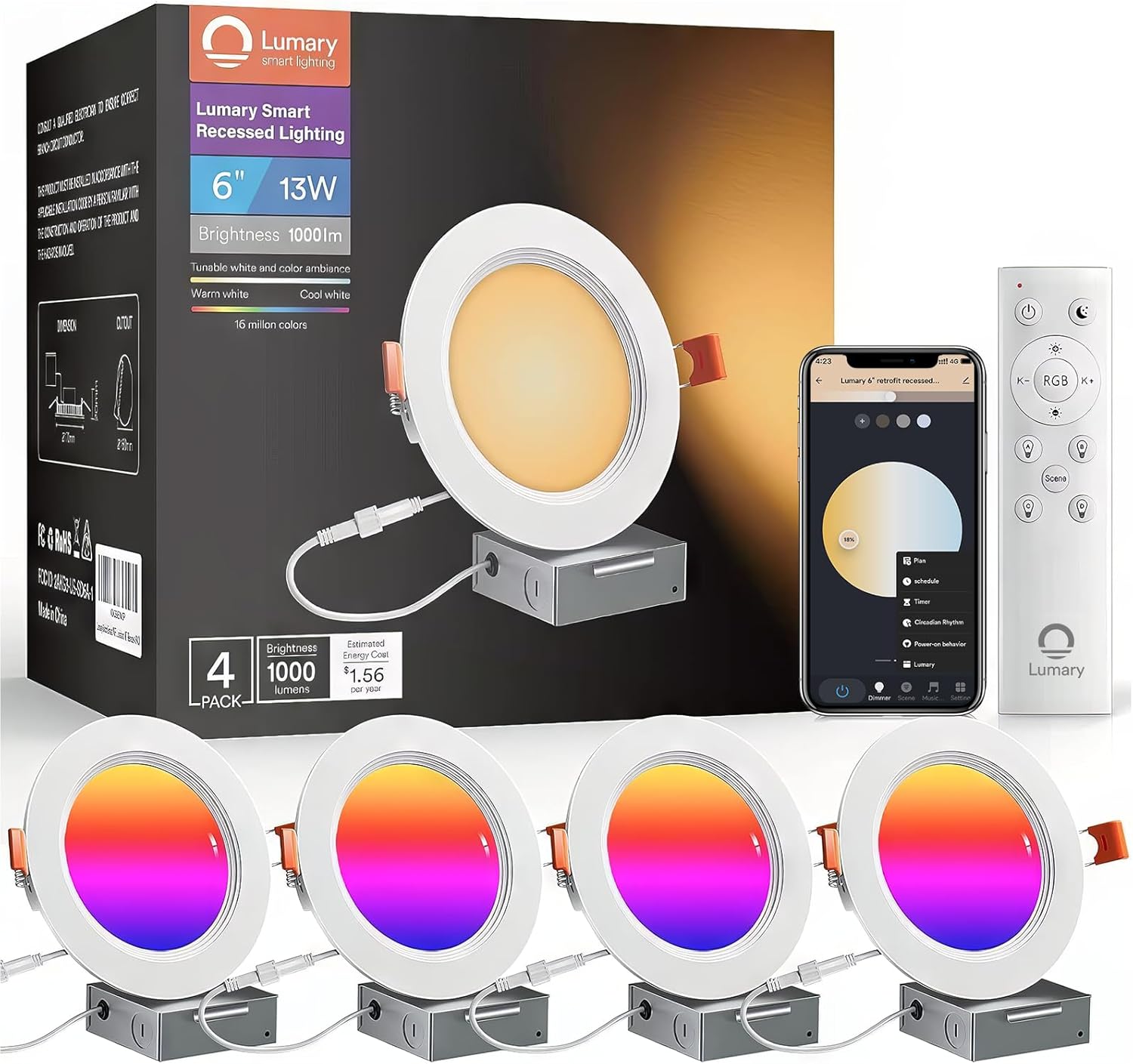 Lumary Wi-Fi Smart Ultra-Thin Baffle Trim Recessed Lighting 6inch 4PCS (With Remote Cotroller)