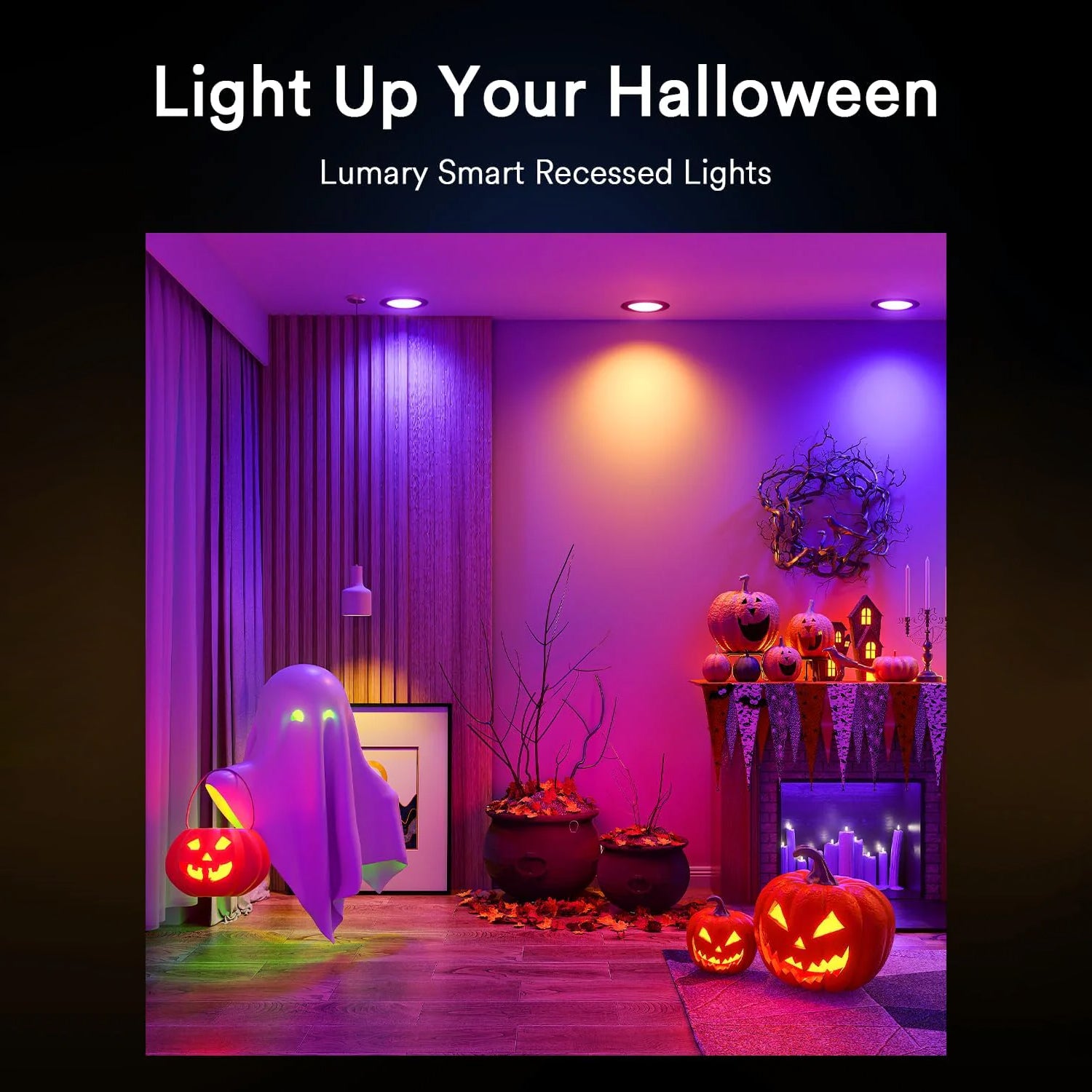 Lumary Smart Recessed Lights in a Halloween setting with glowing pumpkins and decorations.