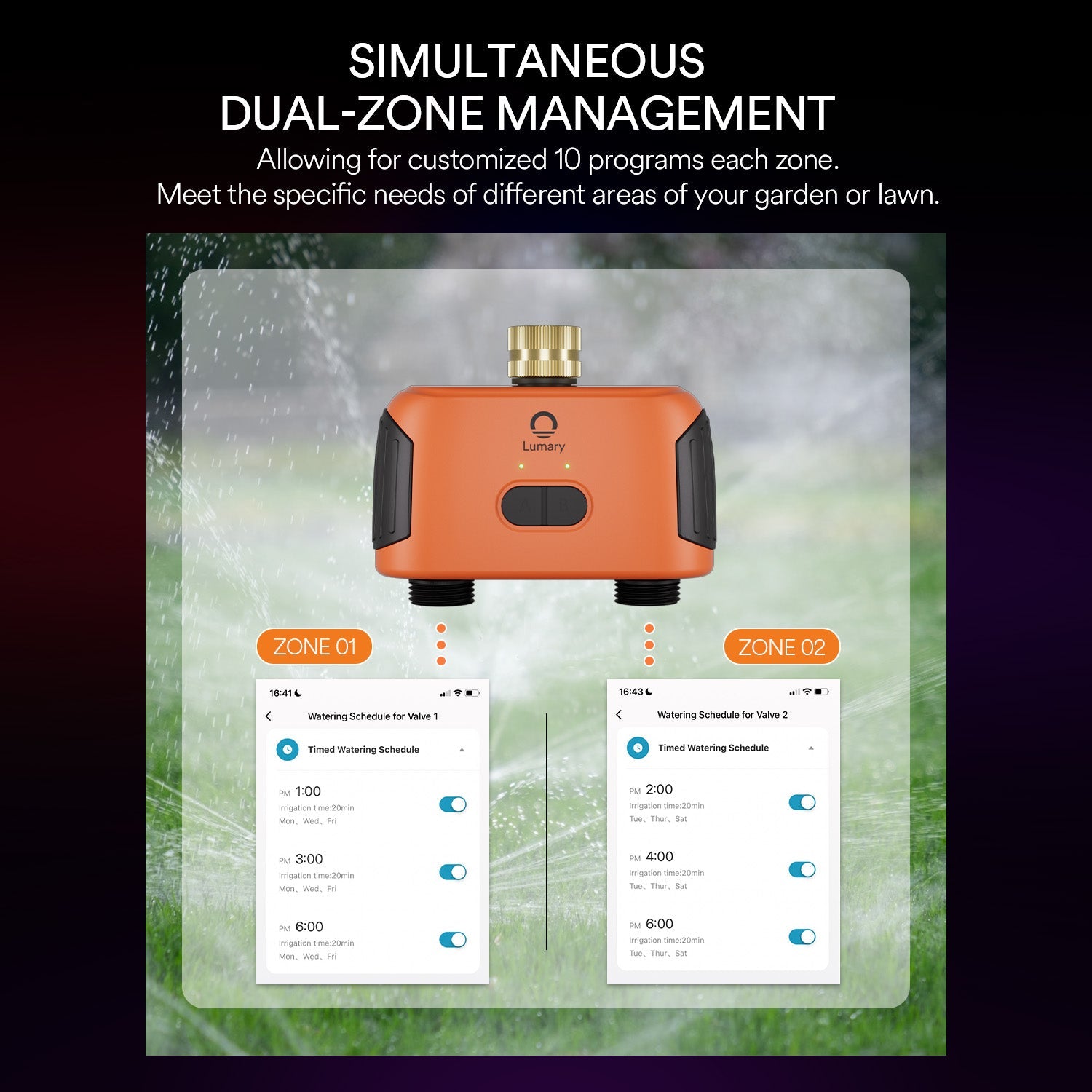 Dual-zone irrigation management on Lumary Smart Water Timer app for garden scheduling.