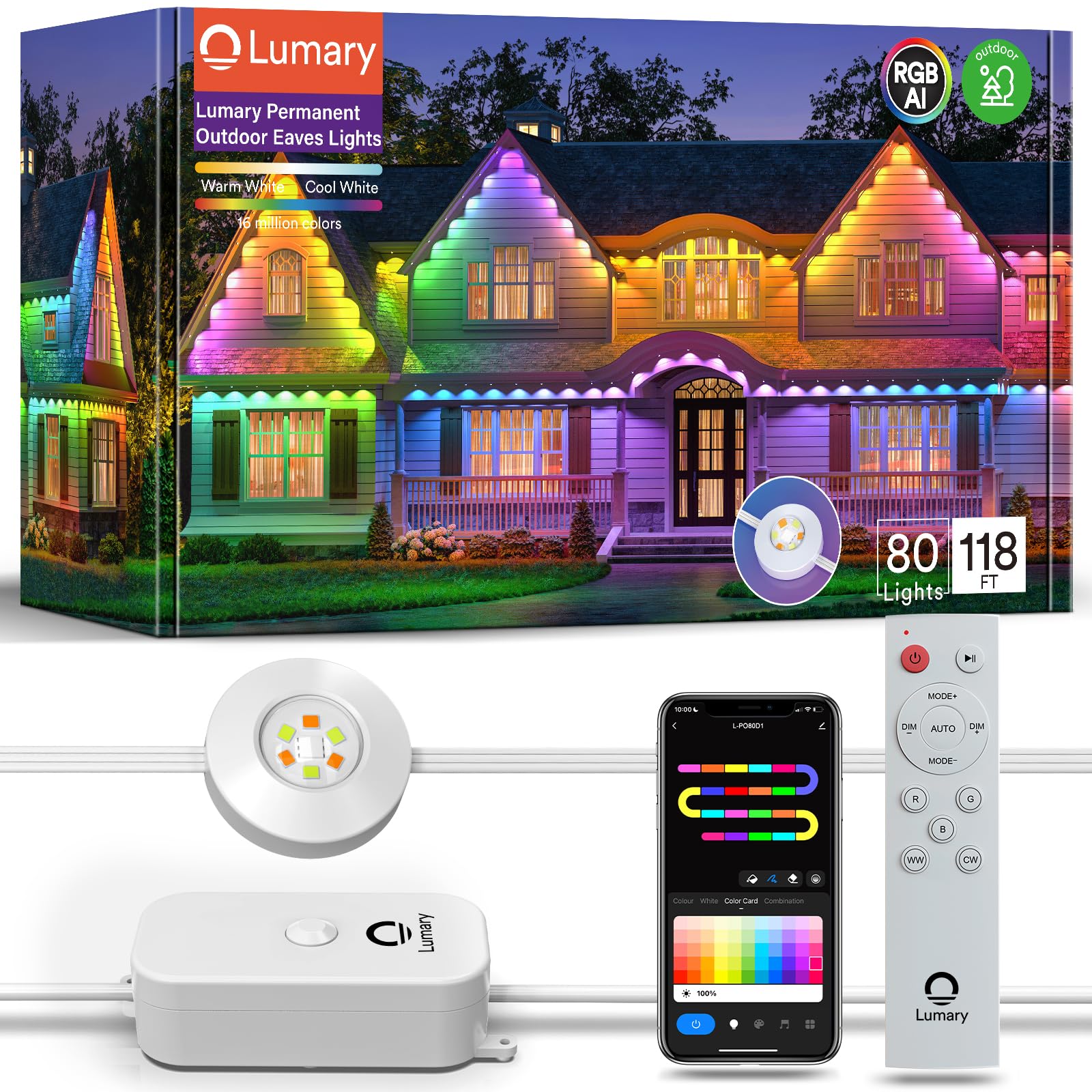 Lumary outdoor lights box with vibrant house illumination, remote control, and app interface.