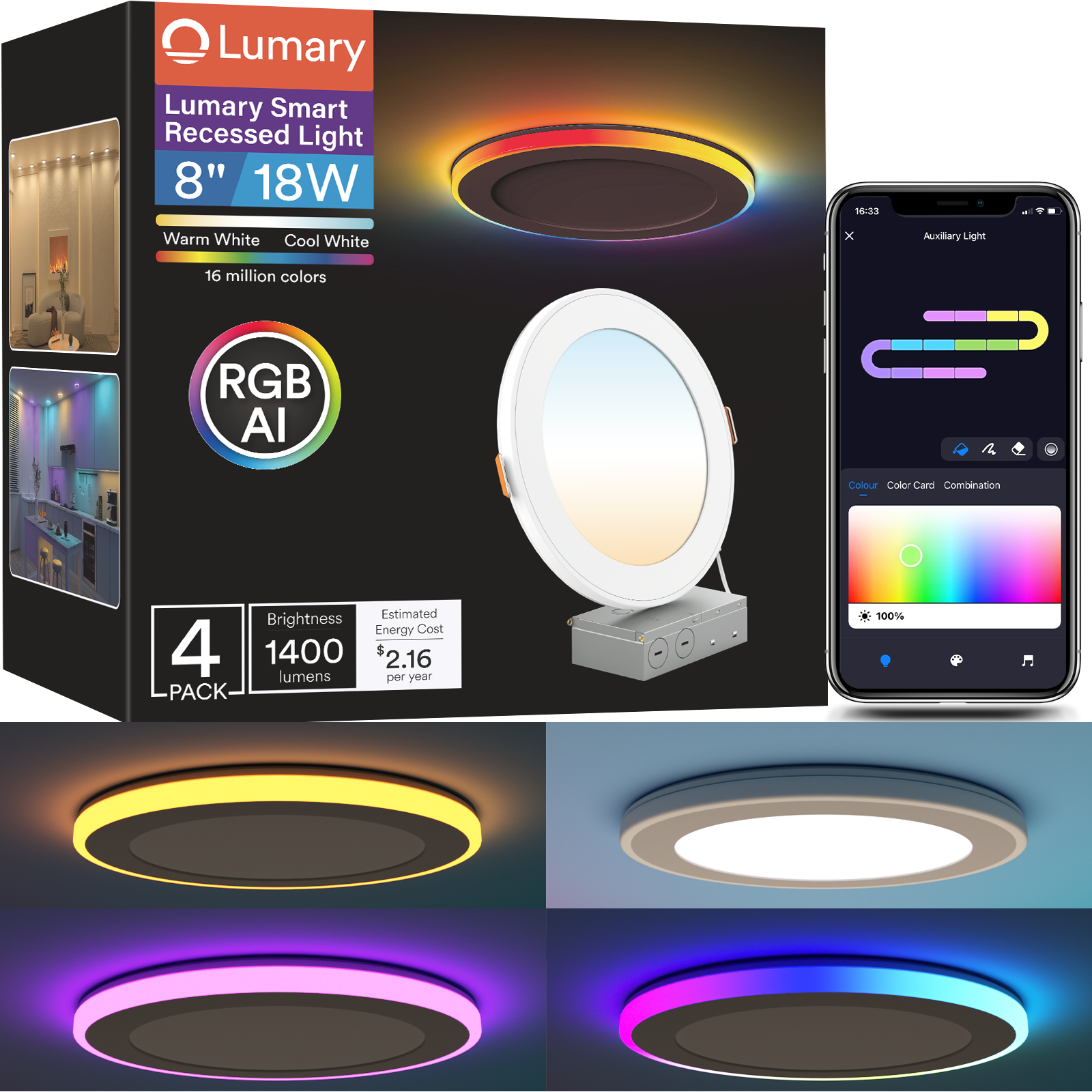 Lumary RGBAI recessed light box with phone app displaying vibrant color settings.