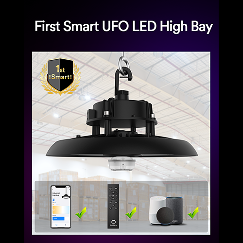 Smart UFO LED High Bay Light with remote and app control icons