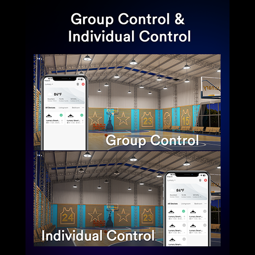 Lumary app interface demonstrating group and individual control for high bay lights.