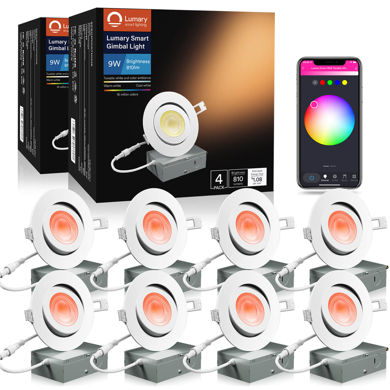 Smart Recessed Lighting 4 Inch - 9W Gimbal Recessed Lighting Color Changing Dimmable