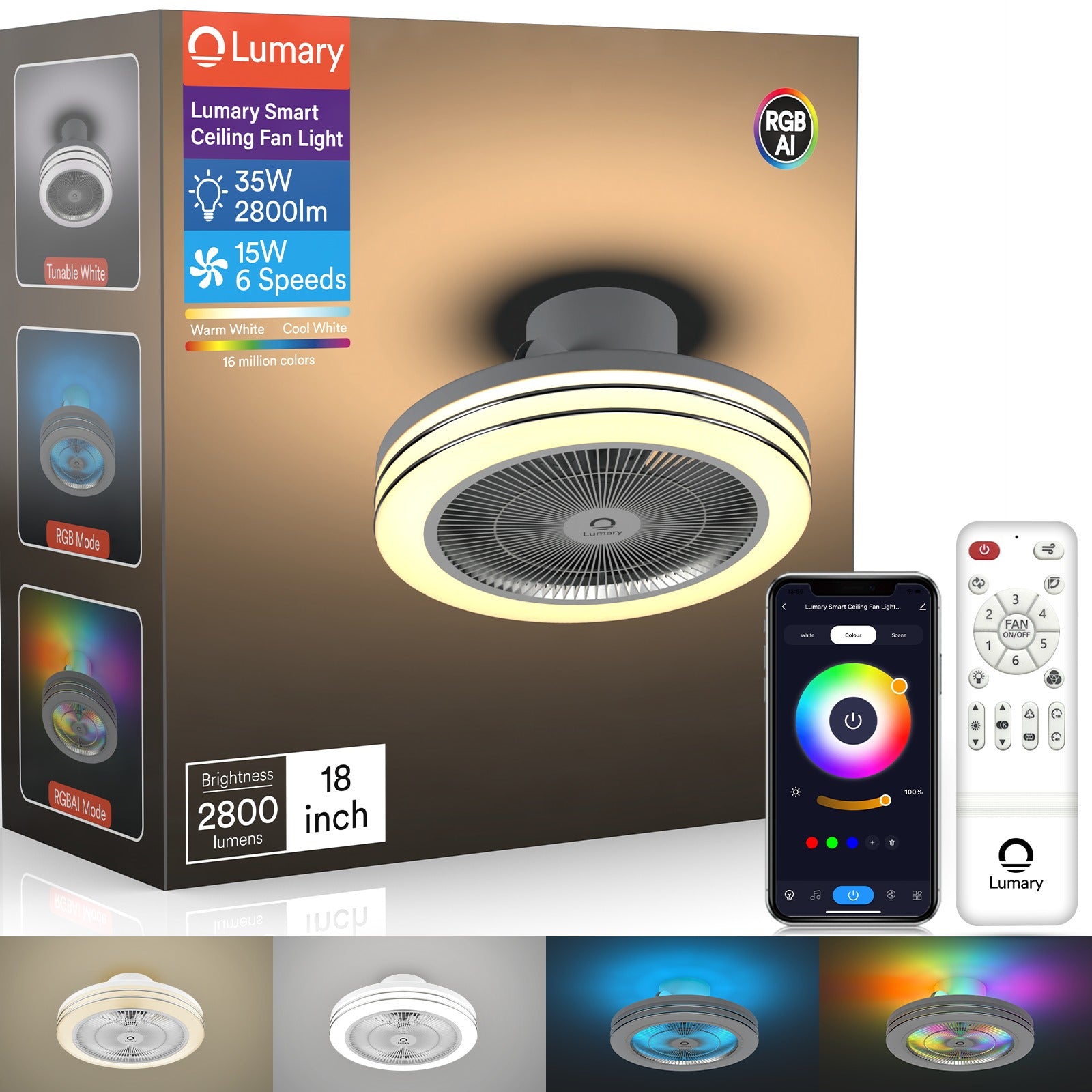 Lumary Smart Ceiling Fan Light with remote and app control features