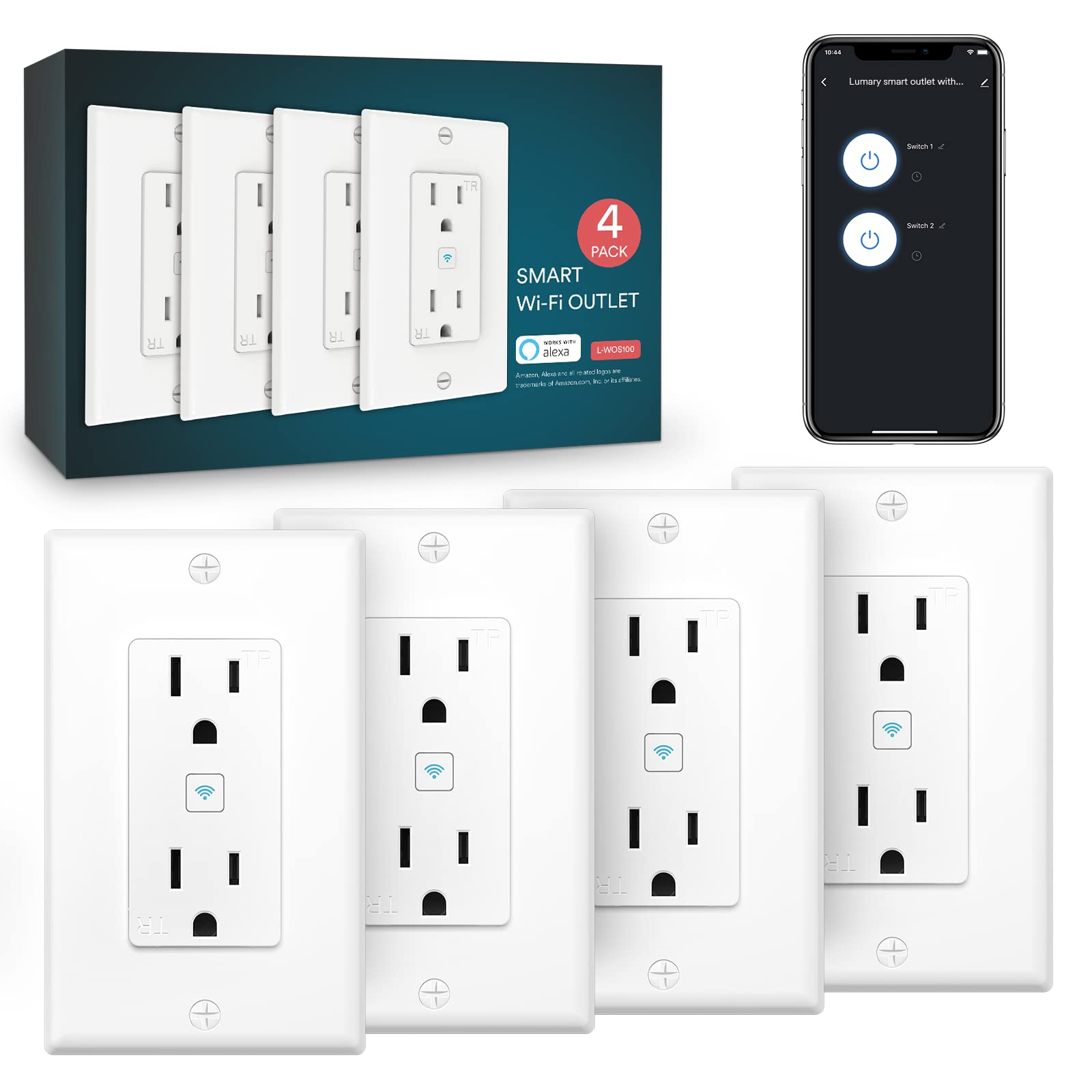 Lumary Smart Wi-Fi Outlets with app control, four-pack for home automation.
