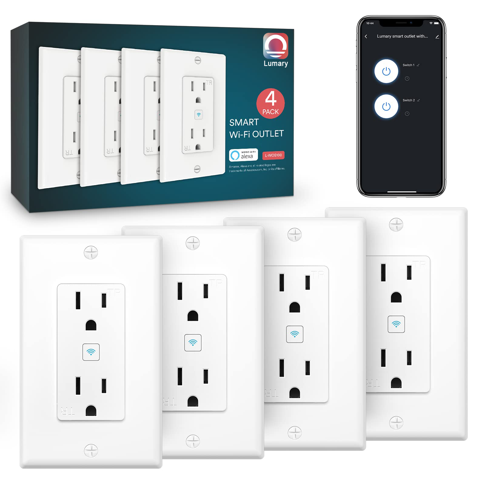 Lumary Smart Wi-Fi Outlet 4-pack with smartphone control interface