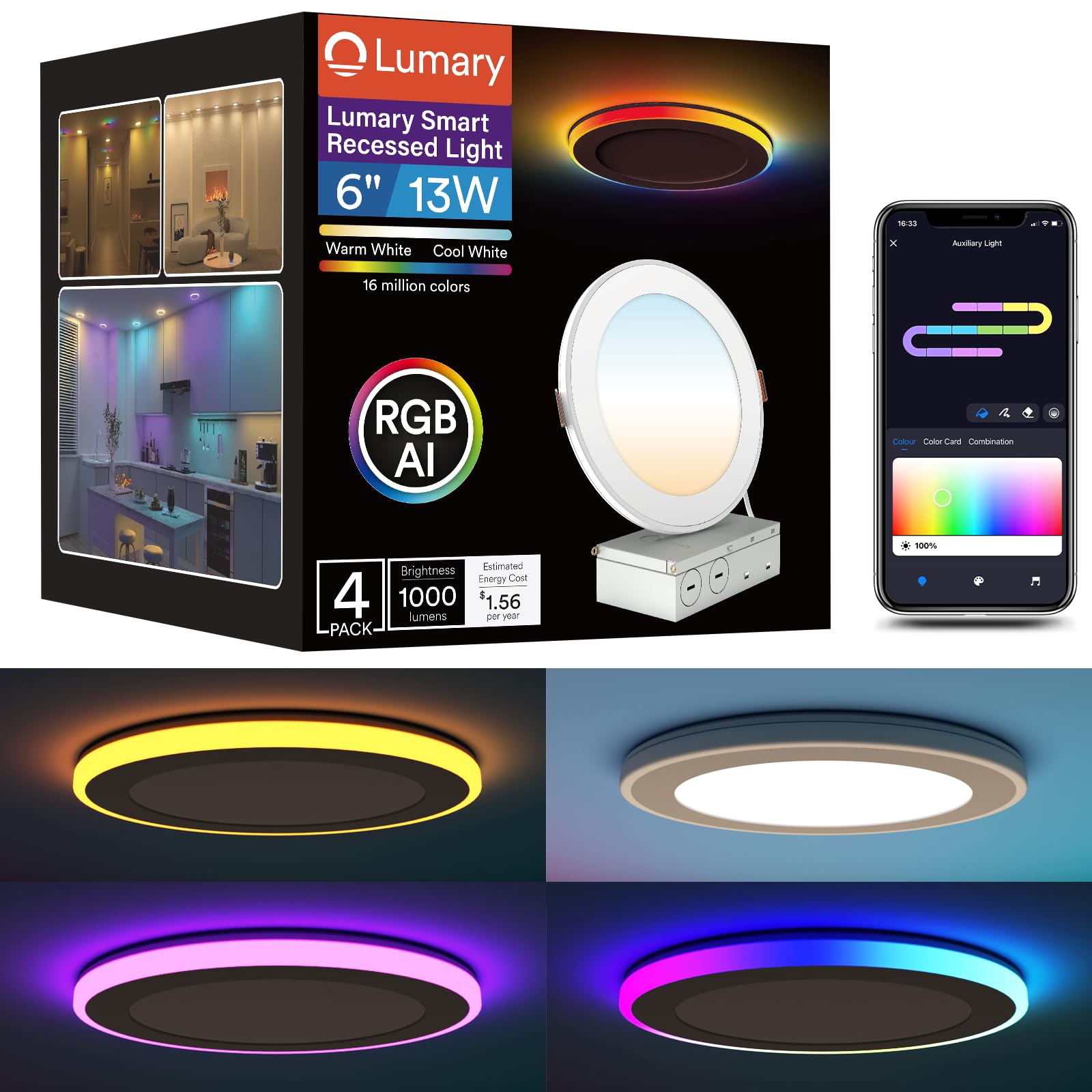 Lumary RGBAI recessed light packaging showcasing color modes and features